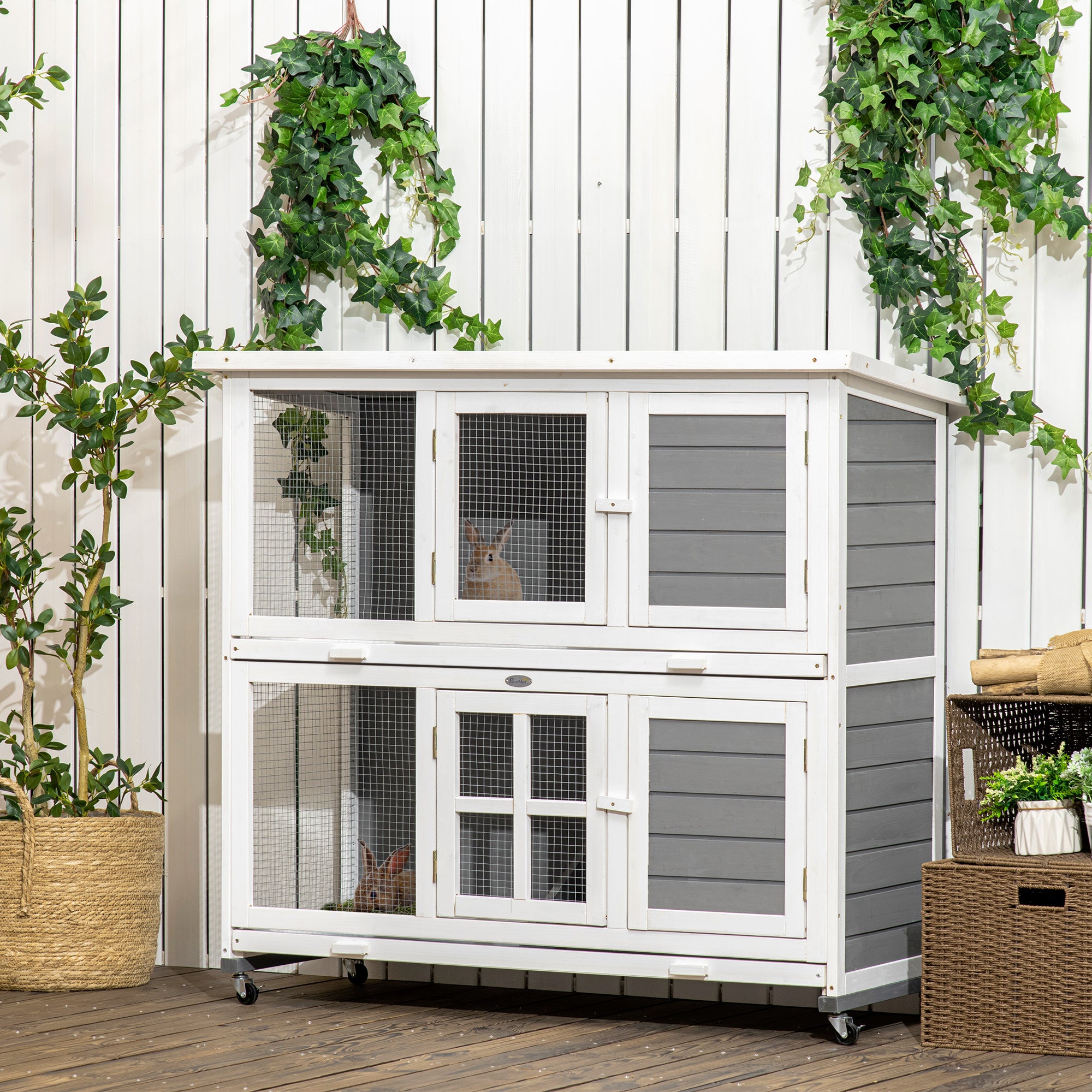 Wooden Rabbit Hutch, 2 Tier Bunny Cage with Wheels, Waterproof Roof, Removable Tray, Guinea Pig Cage for Outdoor & Indoor, Dark Grey