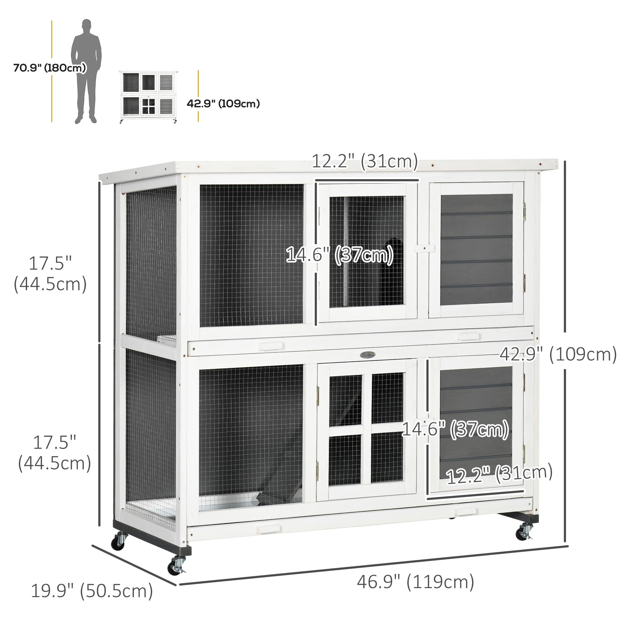 Wooden Rabbit Hutch, 2 Tier Bunny Cage with Wheels, Waterproof Roof, Removable Tray, Guinea Pig Cage for Outdoor & Indoor, Dark Grey