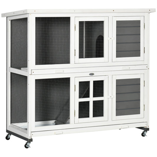 Wooden Rabbit Hutch, 2 Tier Bunny Cage with Wheels, Waterproof Roof, Removable Tray, Guinea Pig Cage for Outdoor & Indoor, Dark Grey