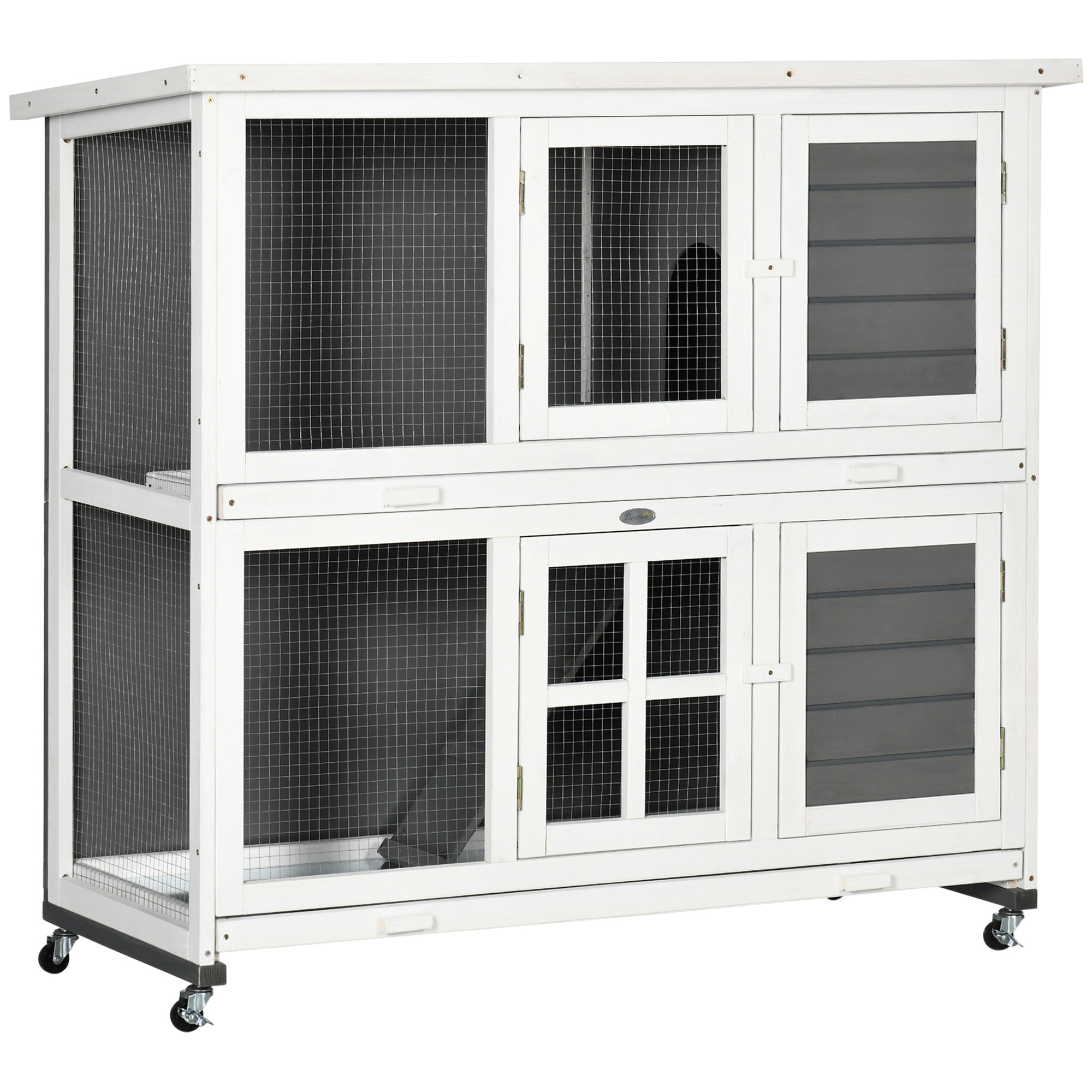 Wooden Rabbit Hutch, 2 Tier Bunny Cage with Wheels, Waterproof Roof, Removable Tray, Guinea Pig Cage for Outdoor & Indoor, Dark Grey