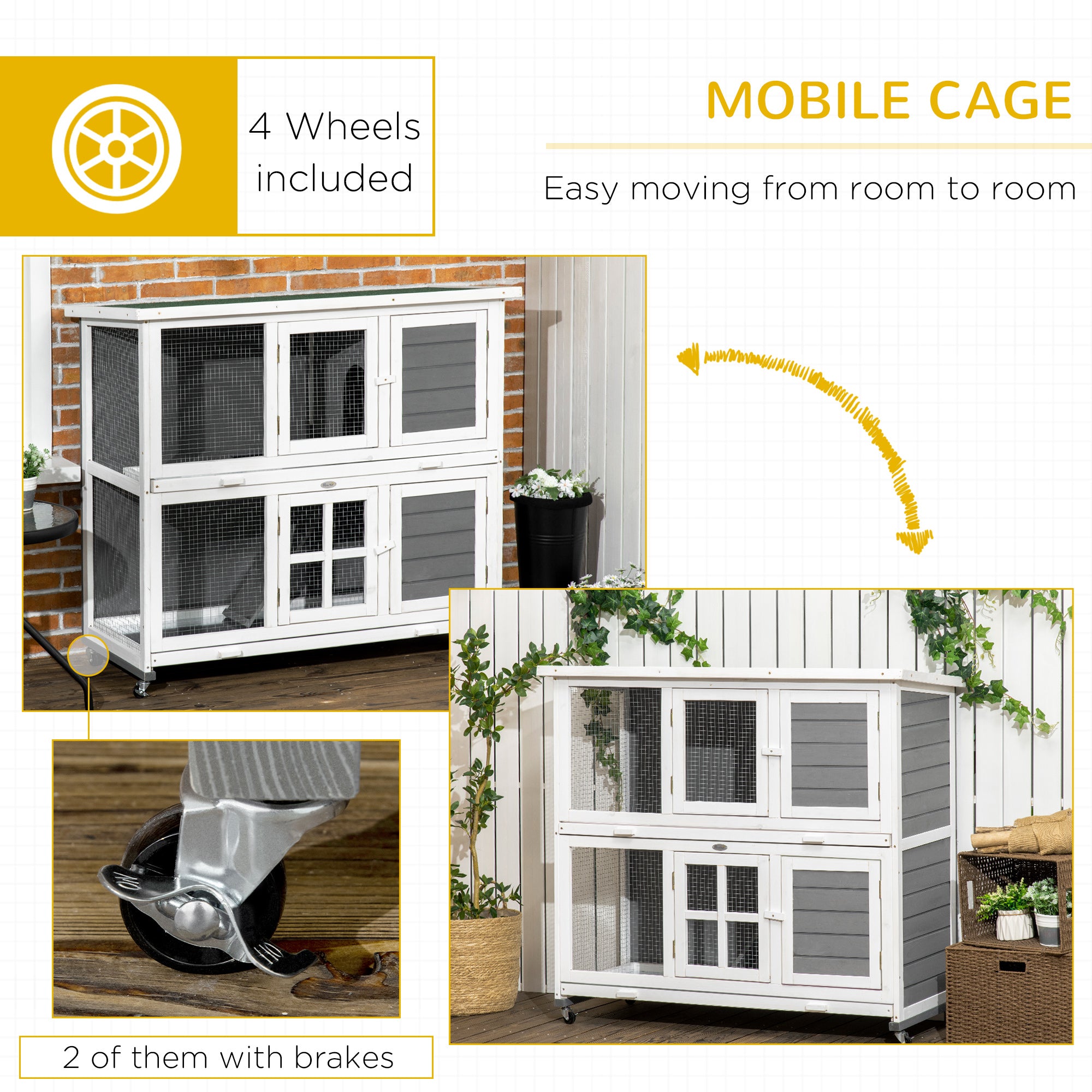 Wooden Rabbit Hutch, 2 Tier Bunny Cage with Wheels, Waterproof Roof, Removable Tray, Guinea Pig Cage for Outdoor & Indoor, Dark Grey