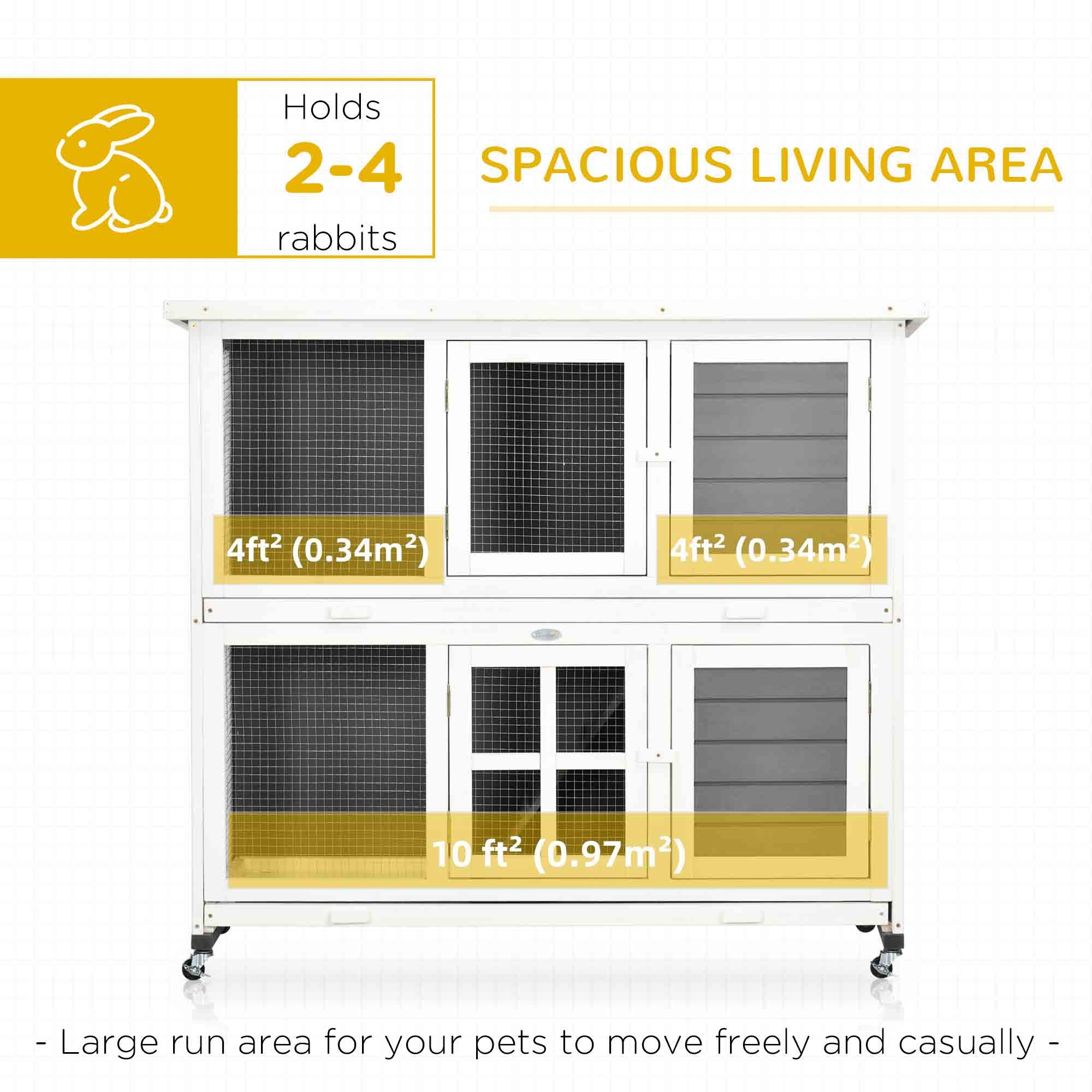 Wooden Rabbit Hutch, 2 Tier Bunny Cage with Wheels, Waterproof Roof, Removable Tray, Guinea Pig Cage for Outdoor & Indoor, Dark Grey
