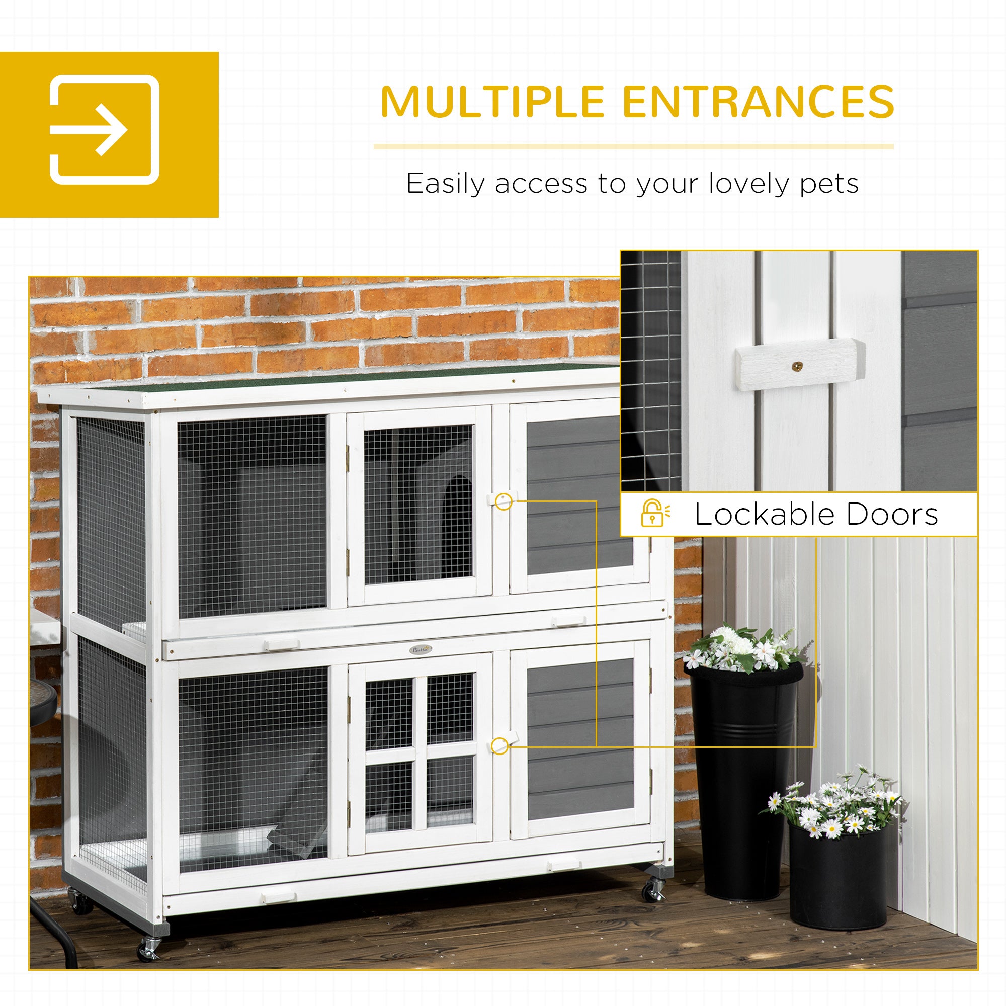 Wooden Rabbit Hutch, 2 Tier Bunny Cage with Wheels, Waterproof Roof, Removable Tray, Guinea Pig Cage for Outdoor & Indoor, Dark Grey