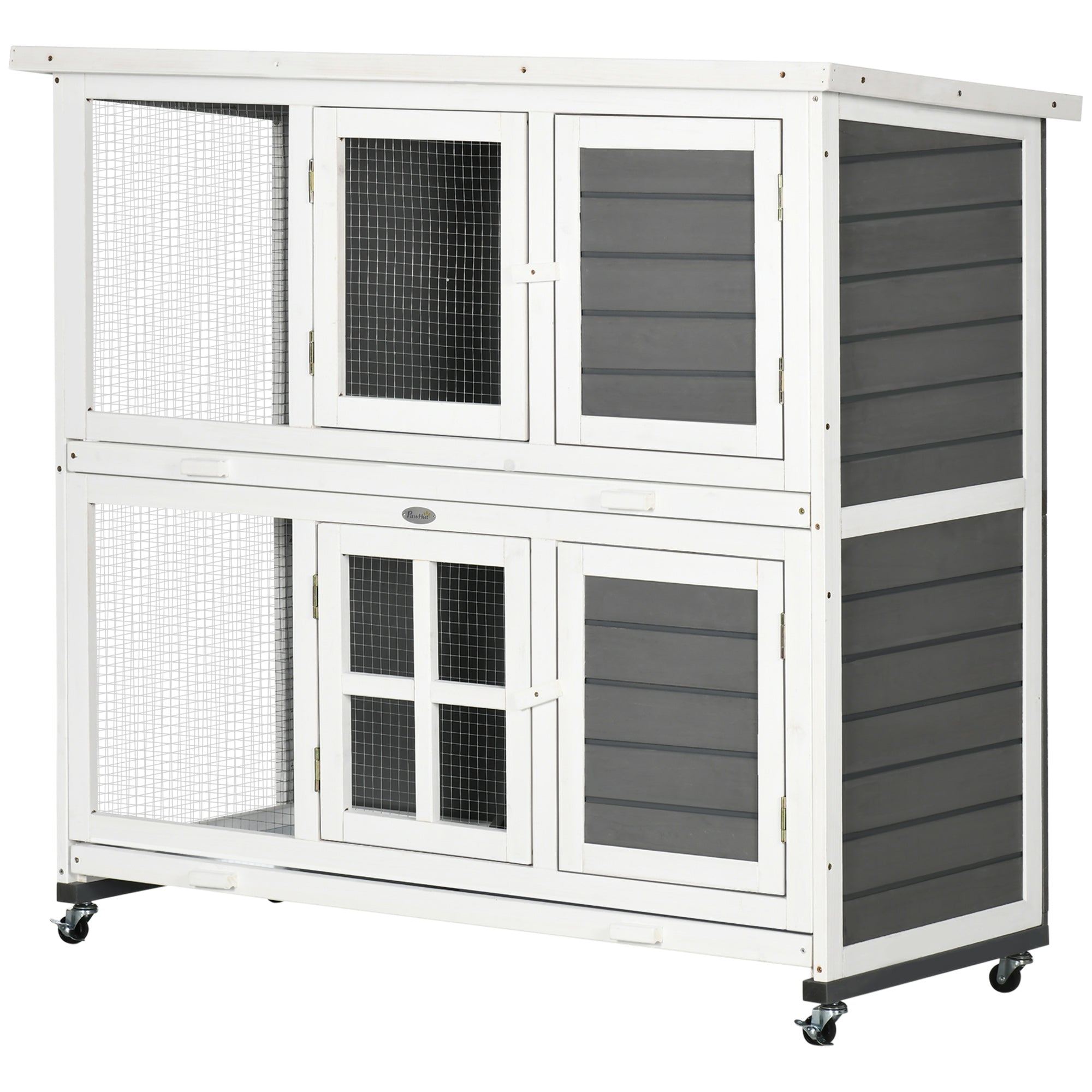 Wooden Rabbit Hutch, 2 Tier Bunny Cage with Wheels, Waterproof Roof, Removable Tray, Guinea Pig Cage for Outdoor & Indoor, Dark Grey