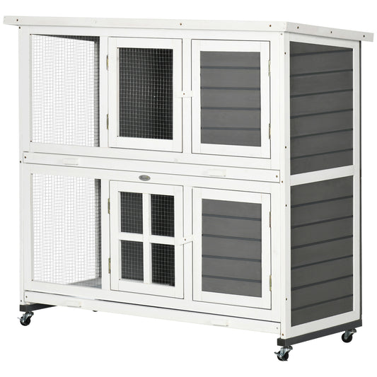 Wooden Rabbit Hutch, 2 Tier Bunny Cage with Wheels, Waterproof Roof, Removable Tray, Guinea Pig Cage for Outdoor & Indoor, Dark Grey