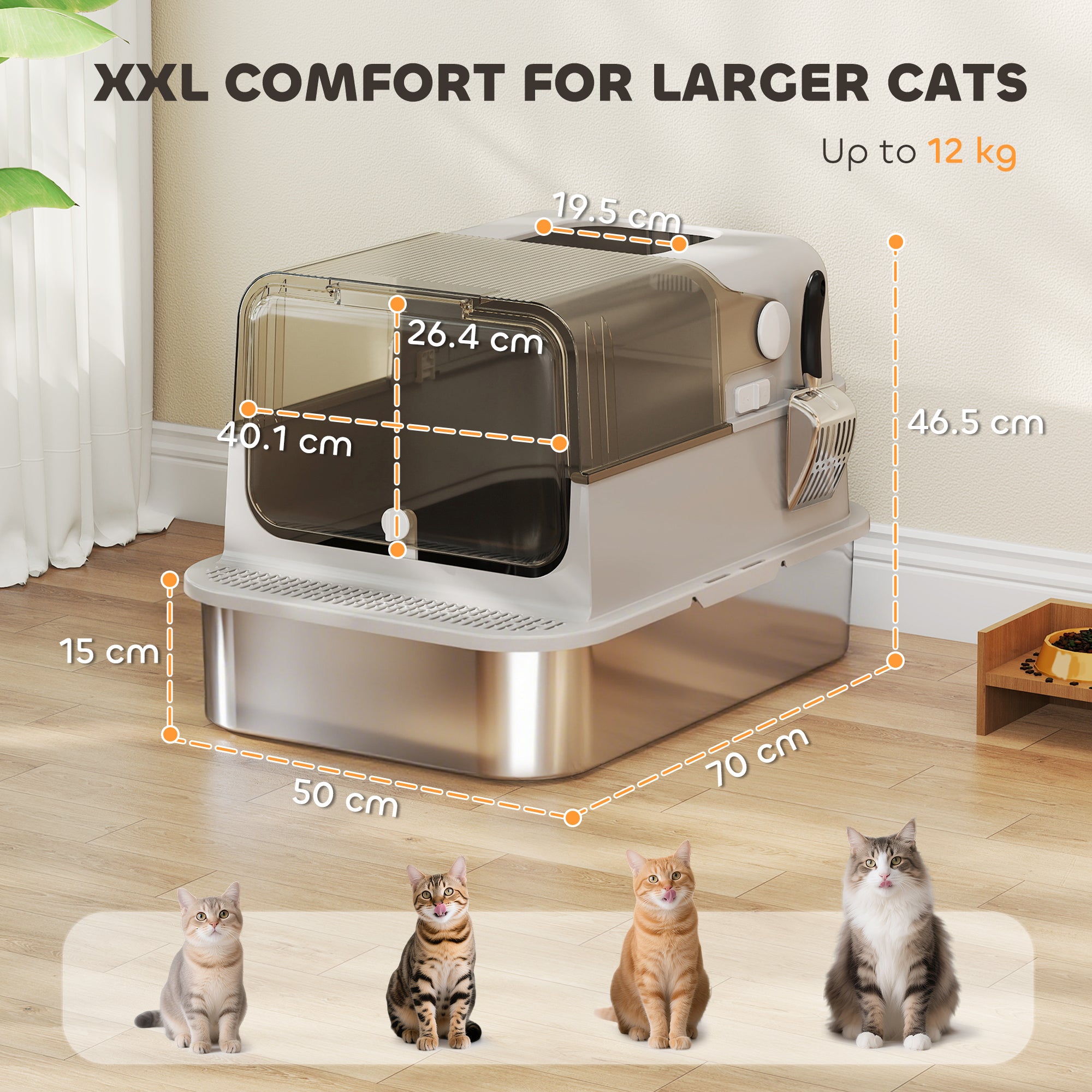 XXL Stainless Steel Cat Litter Tray, Enclosed Cat Litter Box with 90° Flip Cover, Double Doors, Scoop, Easy Clean, Odor Control, Anti-Leaking, Non-Sticky, Grey