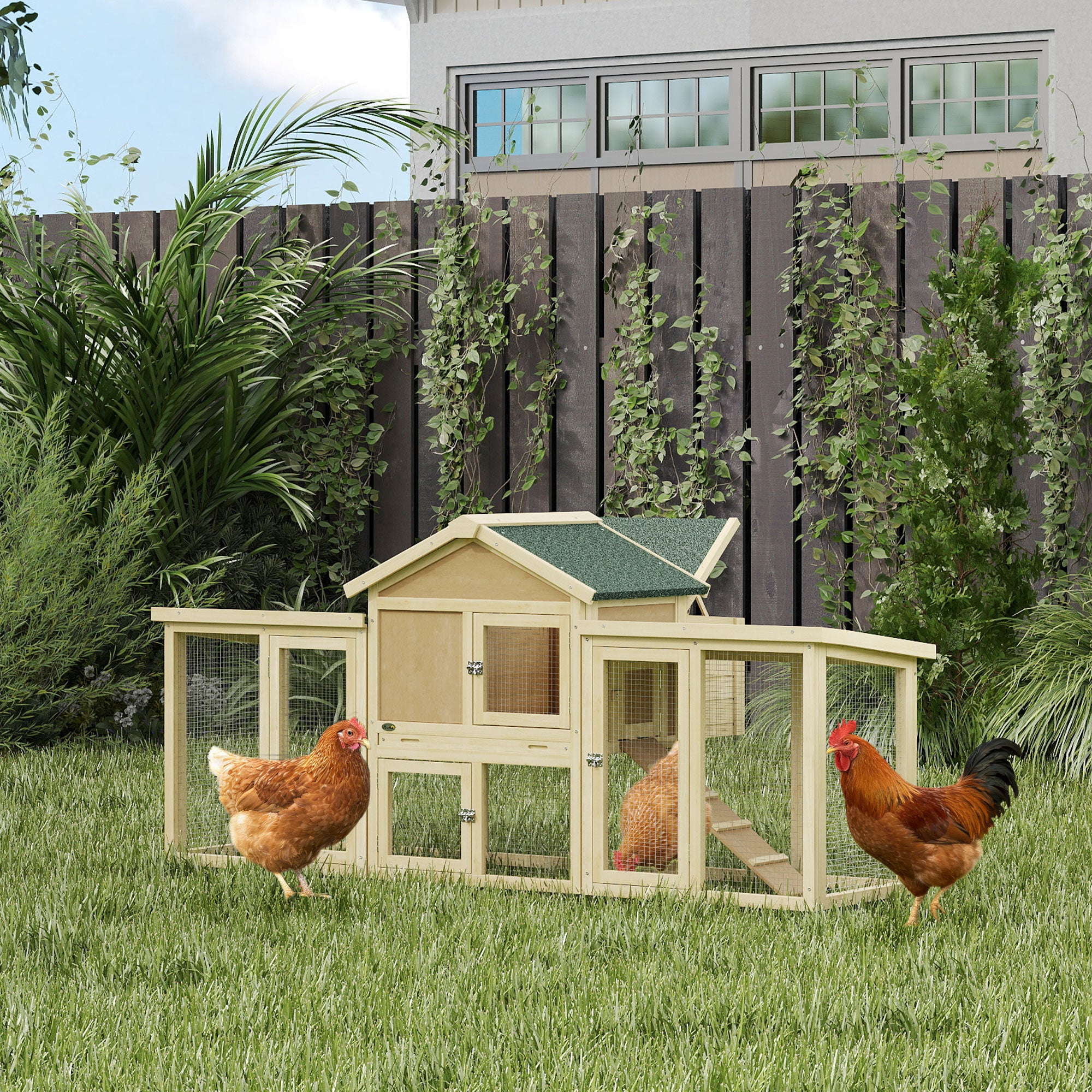 80" Chicken Coop, Wooden Outdoor Chicken Cage Hen House with Nesting Box, Double Runs, Removable Tray, Ramp, for Backyard