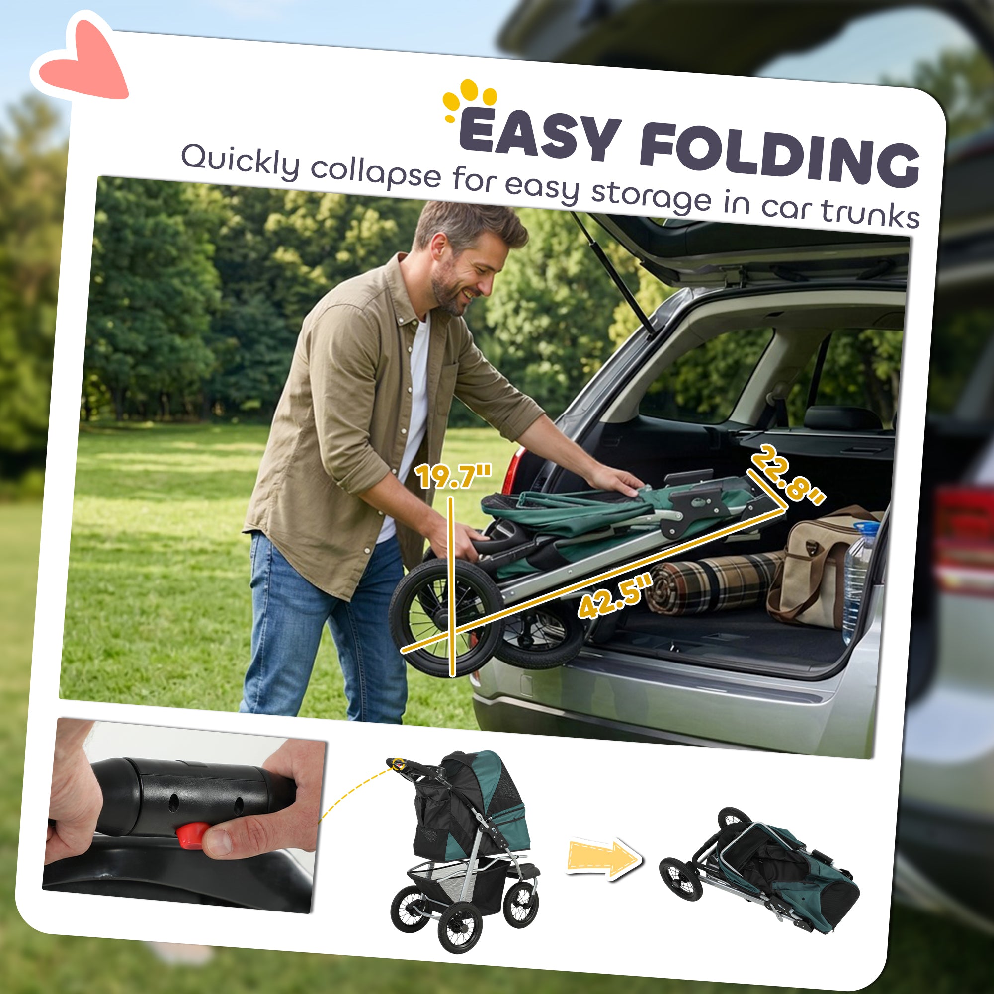 Dog Stroller for Small Dogs, 3 Wheel Foldable Pet Stroller with 12" Rubber Wheels, Mesh Window, One-Foot Brake, Storage Basket and Cup Holder, Up to 22 LBS, Dark Green