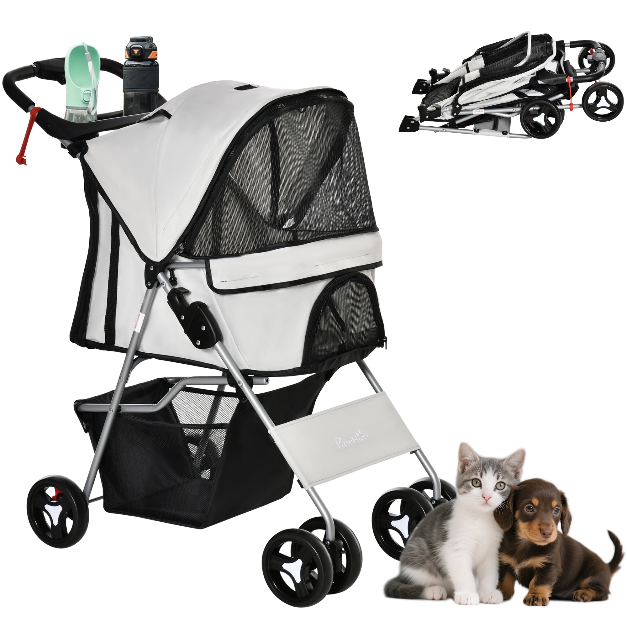 Dog Stroller, One-click Folding Pet Stroller with Cup Holder, 4 Wheels Travel Carrier w/ Brakes, 360° Swiveling Front Wheels, Storage Basket, for XS/Small Dogs Cats, Grey