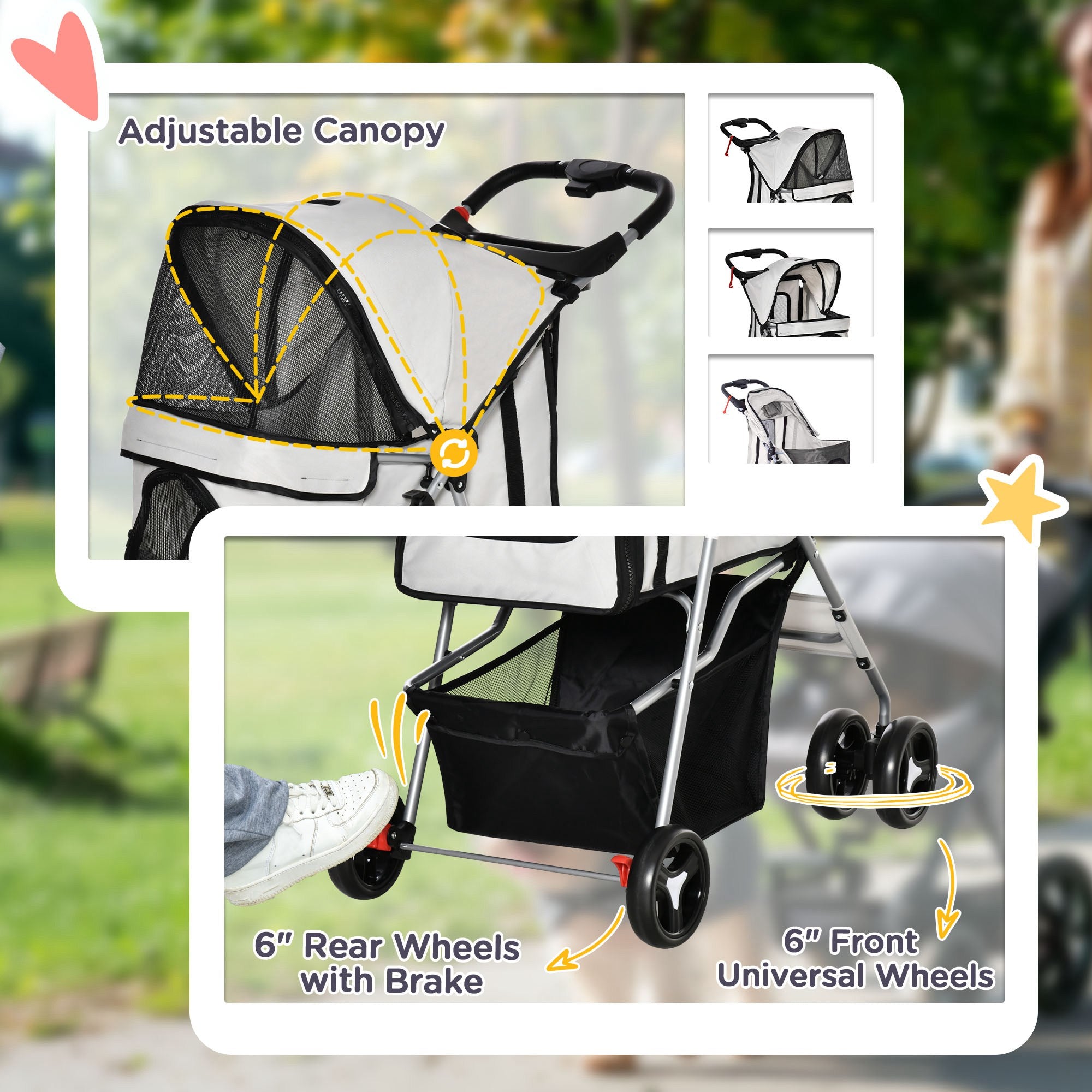 Dog Stroller, One-click Folding Pet Stroller with Cup Holder, 4 Wheels Travel Carrier w/ Brakes, 360° Swiveling Front Wheels, Storage Basket, for XS/Small Dogs Cats, Grey