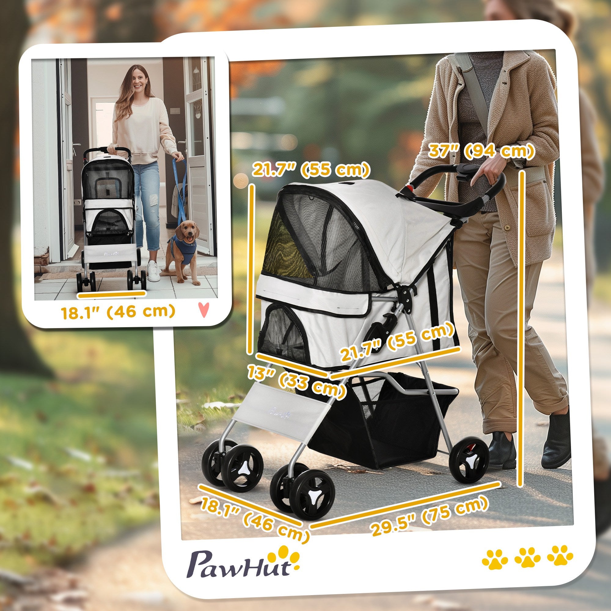 Dog Stroller, One-click Folding Pet Stroller with Cup Holder, 4 Wheels Travel Carrier w/ Brakes, 360° Swiveling Front Wheels, Storage Basket, for XS/Small Dogs Cats, Grey