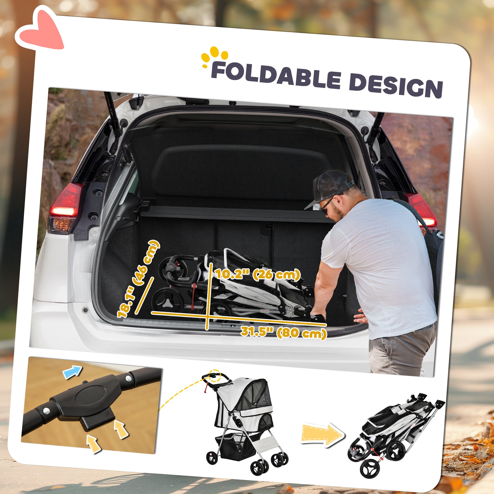 Dog Stroller, One-click Folding Pet Stroller with Cup Holder, 4 Wheels Travel Carrier w/ Brakes, 360° Swiveling Front Wheels, Storage Basket, for XS/Small Dogs Cats, Grey