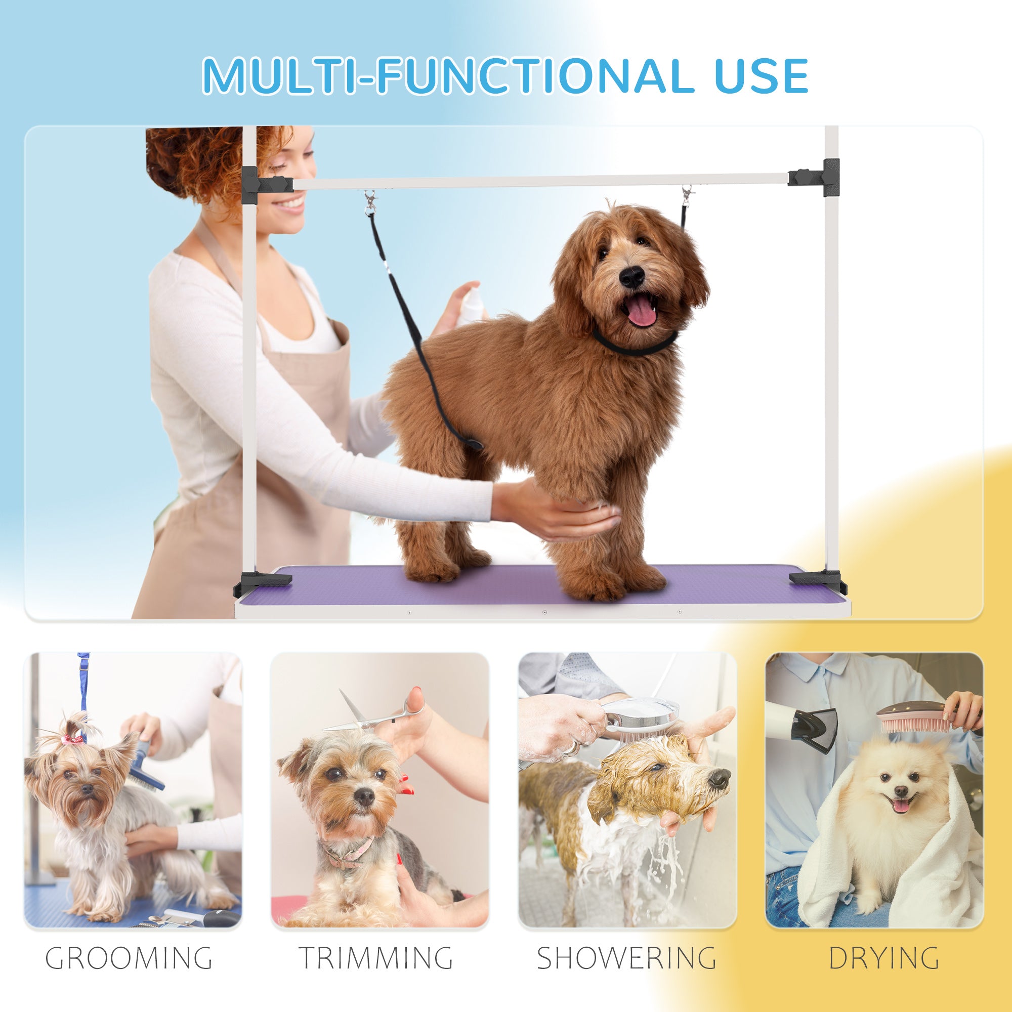 43"L Dog Grooming Table, Pet Foldable Grooming Table with 8"- 32" Adjustable Arm, Two Nooses, Mesh Tray and Rubber Top for Large Medium Small Pets, Purple