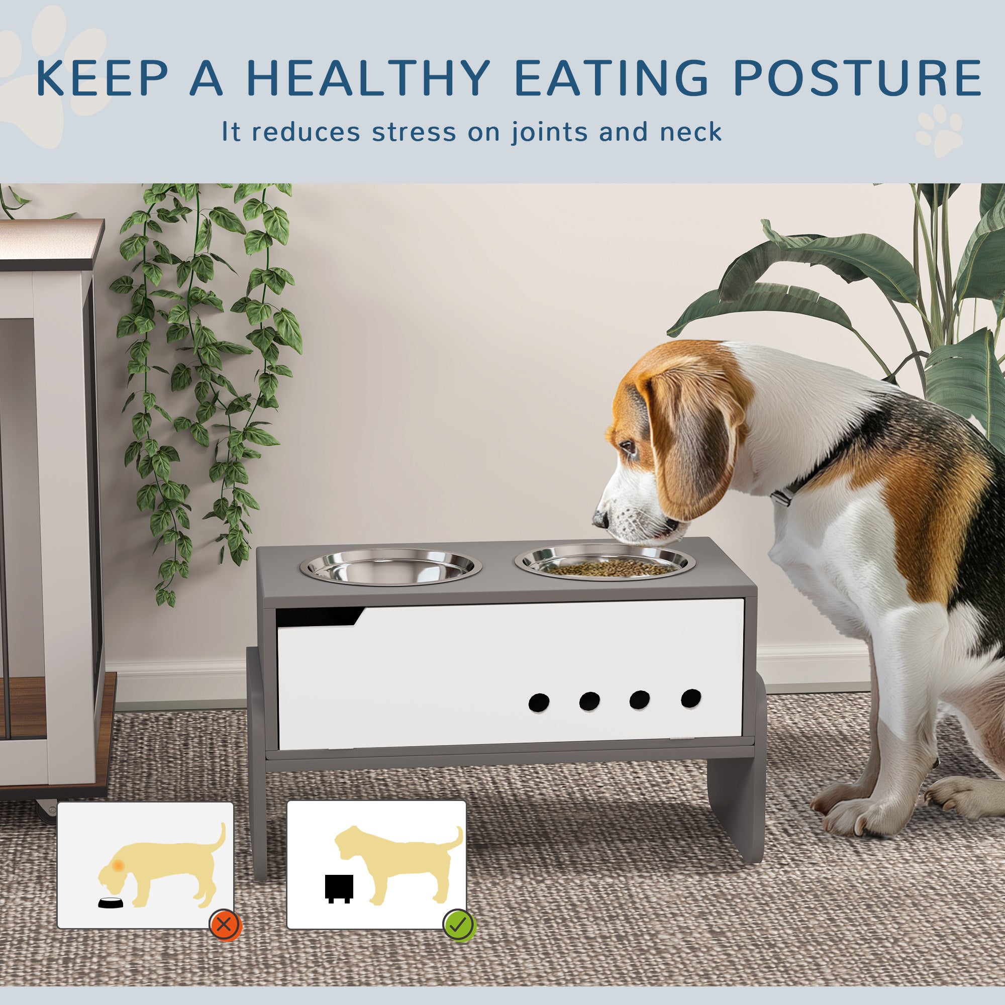 Raised Dog Bowls with Stand, 3 Height Adjustable Dog Feeding Storage Station with Slow Feeder Mat, 2 x 2000mL Stainless Steel Bowls for Medium to Extra Large Dogs - Grey