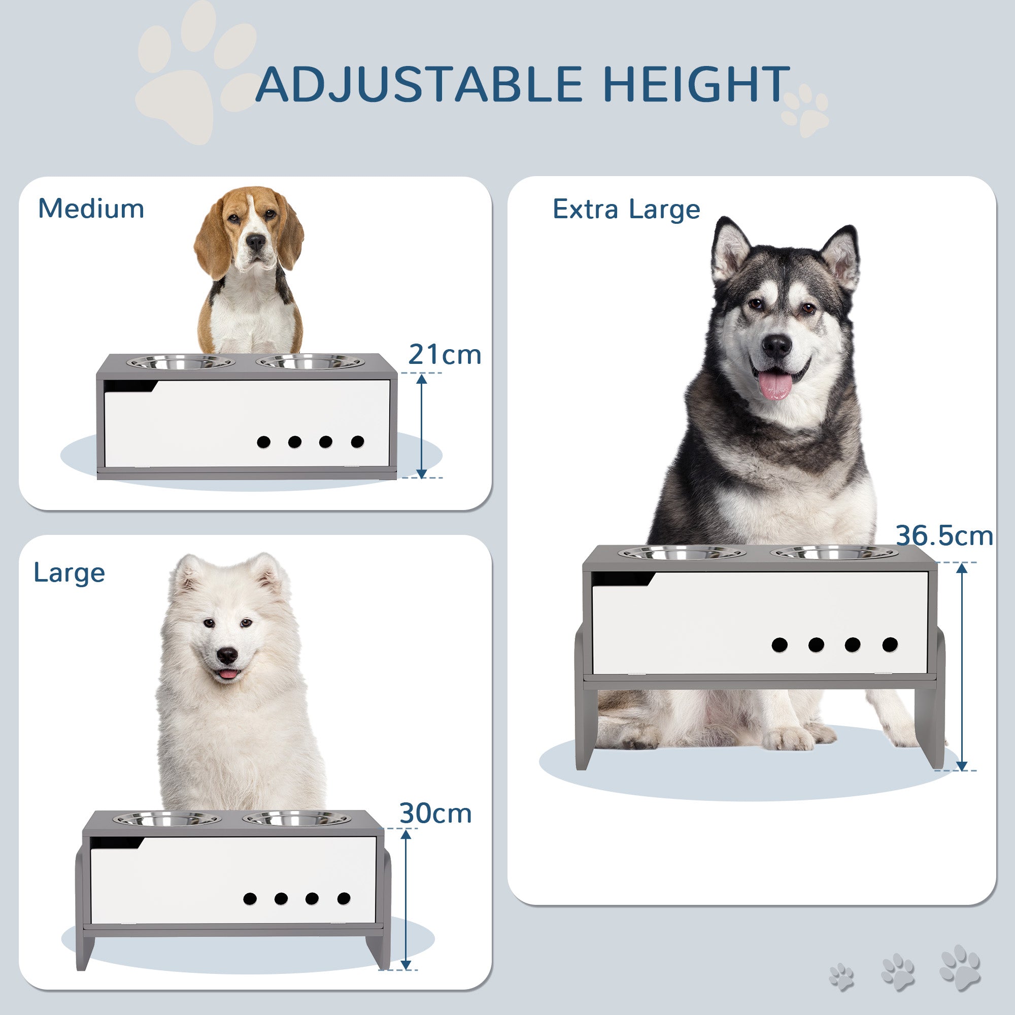 Raised Dog Bowls with Stand, 3 Height Adjustable Dog Feeding Storage Station with Slow Feeder Mat, 2 x 2000mL Stainless Steel Bowls for Medium to Extra Large Dogs - Grey