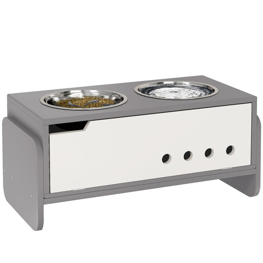 Raised Dog Bowls with Stand, 3 Height Adjustable Dog Feeding Storage Station with Slow Feeder Mat, 2 x 2000mL Stainless Steel Bowls for Medium to Extra Large Dogs - Grey