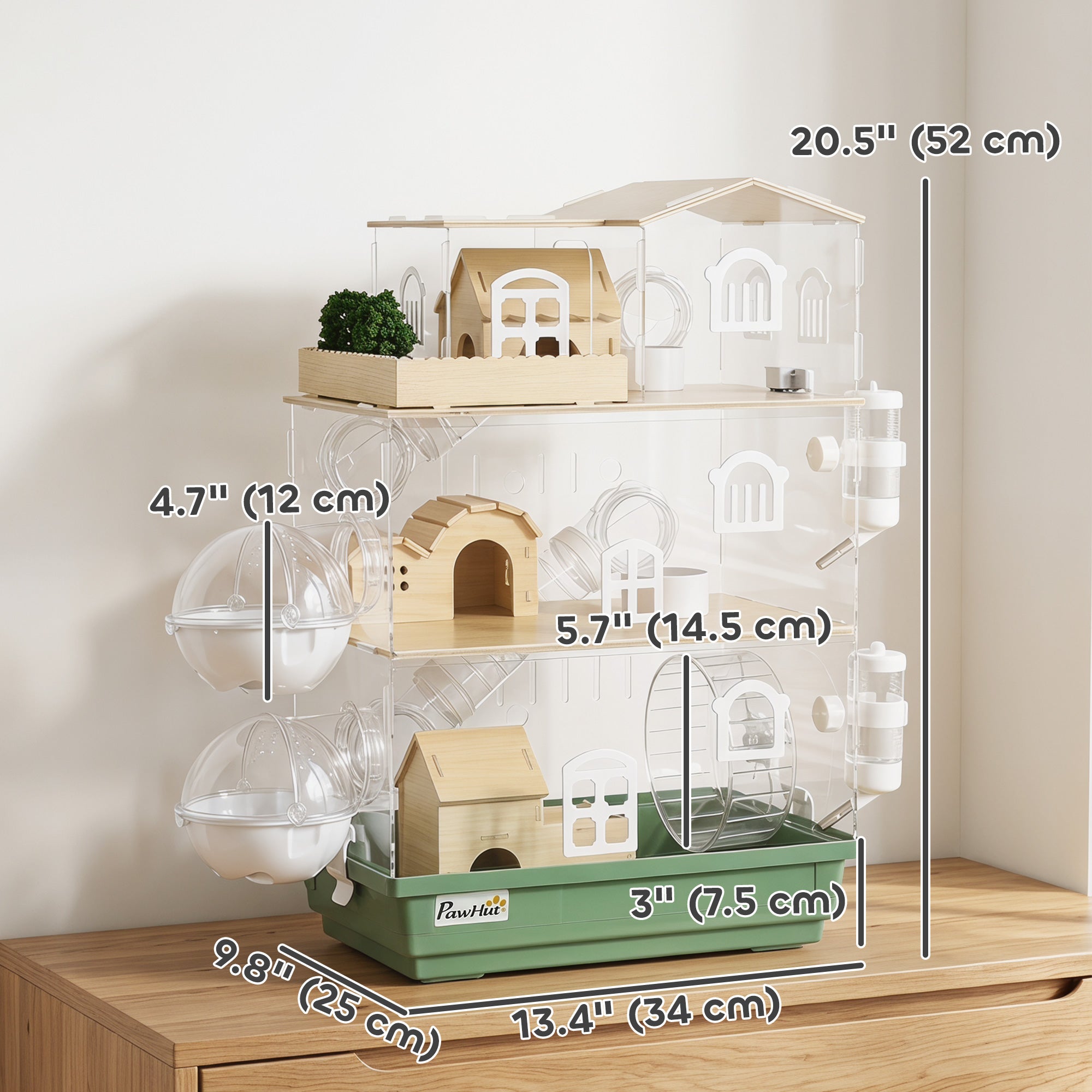 Large Hamster Cage, 3 Tiers Acrylic Hamster Habitat with Water Bottles, Dishes, Running Wheel and External Bathrooms for Pet Mice, Dwarf Hamster, 13.4" L x 9.8" W x 20.5" H