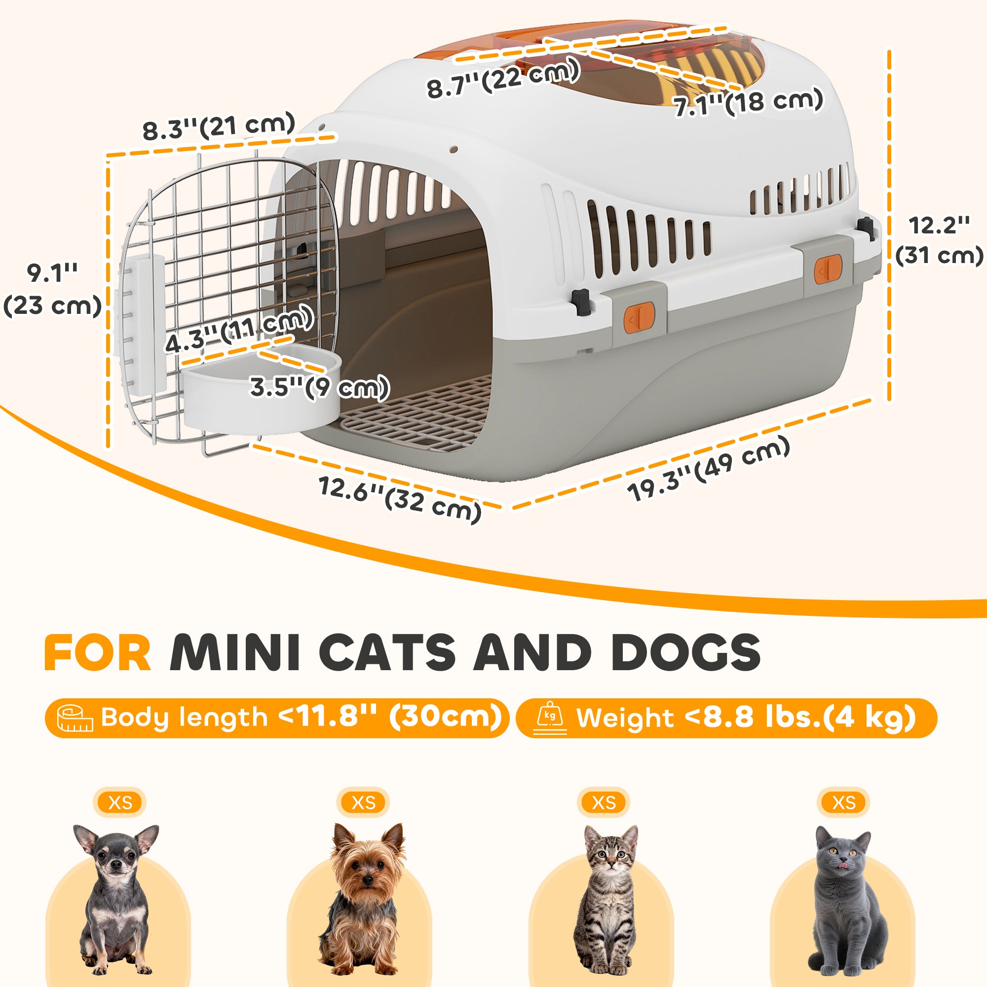 Hard-Sided Travel Pet Carrier, Plastic Dog and Cat Kennel for Small Dogs and Cats, Portable Crate with Steel Wire Door, Feed Bowl, Secure Lock for Car, Airplane, Outdoor