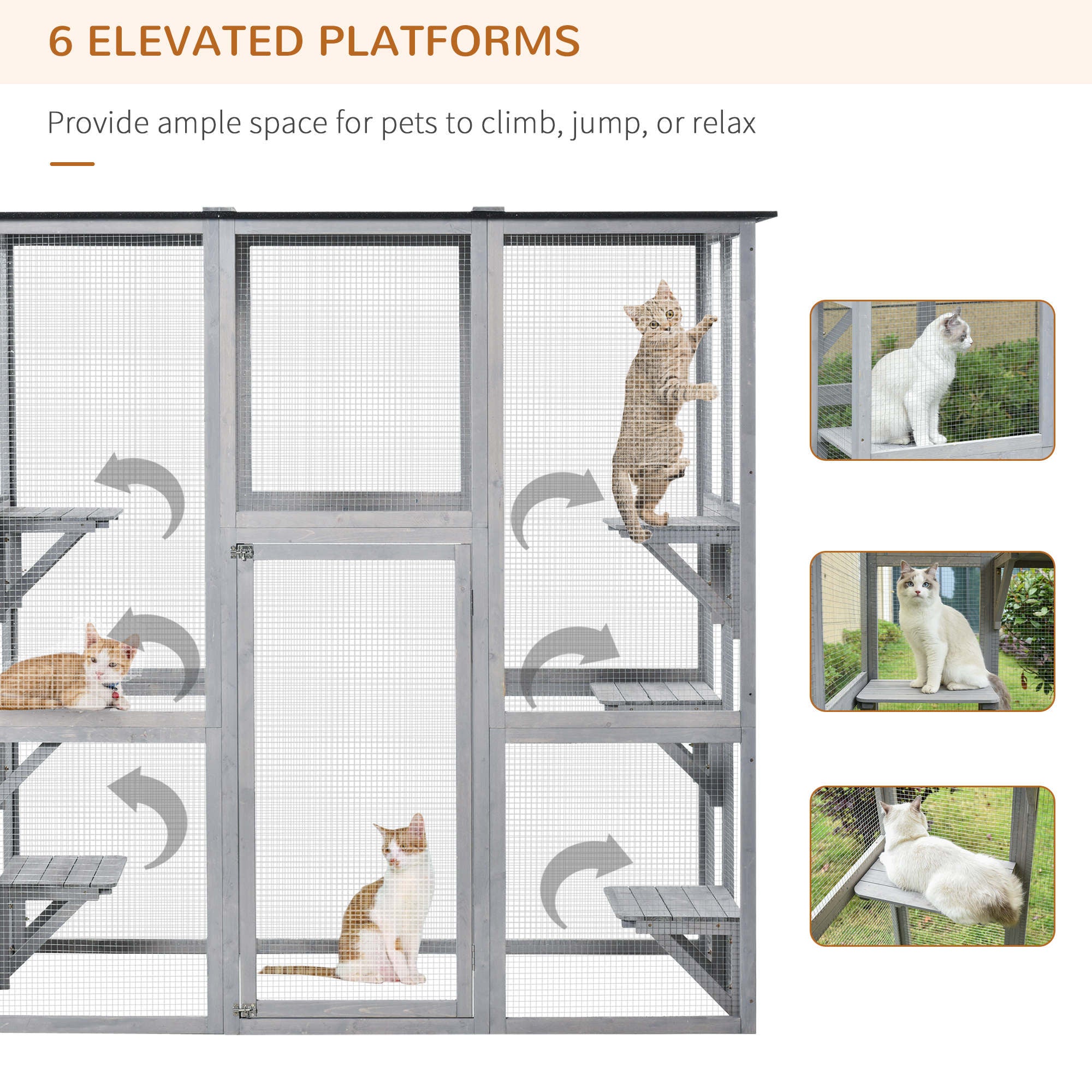 Large Outdoor Catio Enclosure, Weatherproof Cat House with Asphalt Roof,  Wooden Cat Patio Cage with 6 Balanced Platforms, 71" x 39" x 71", Grey