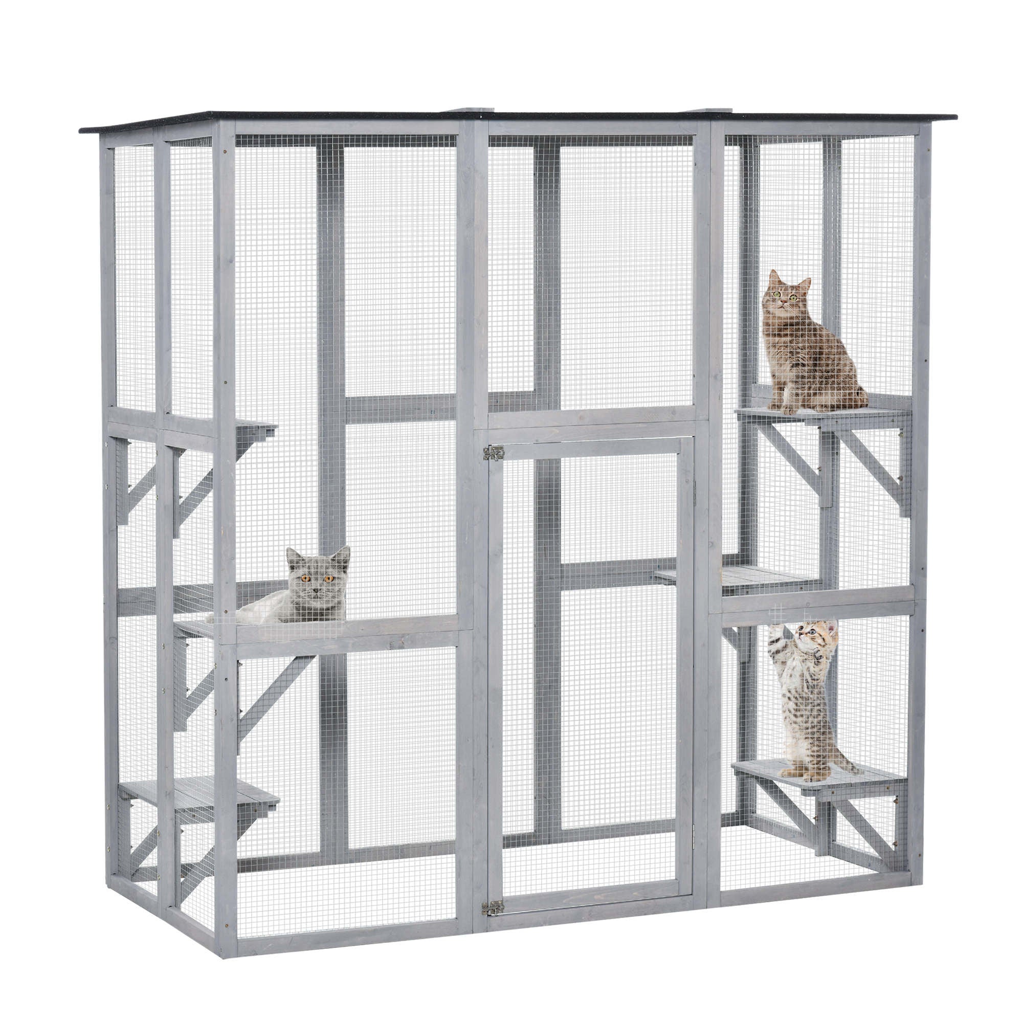 Large Outdoor Catio Enclosure, Weatherproof Cat House with Asphalt Roof,  Wooden Cat Patio Cage with 6 Balanced Platforms, 71" x 39" x 71", Grey
