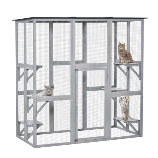 Large Outdoor Catio Enclosure, Weatherproof Cat House with Asphalt Roof,  Wooden Cat Patio Cage with 6 Balanced Platforms, 71" x 39" x 71", Grey