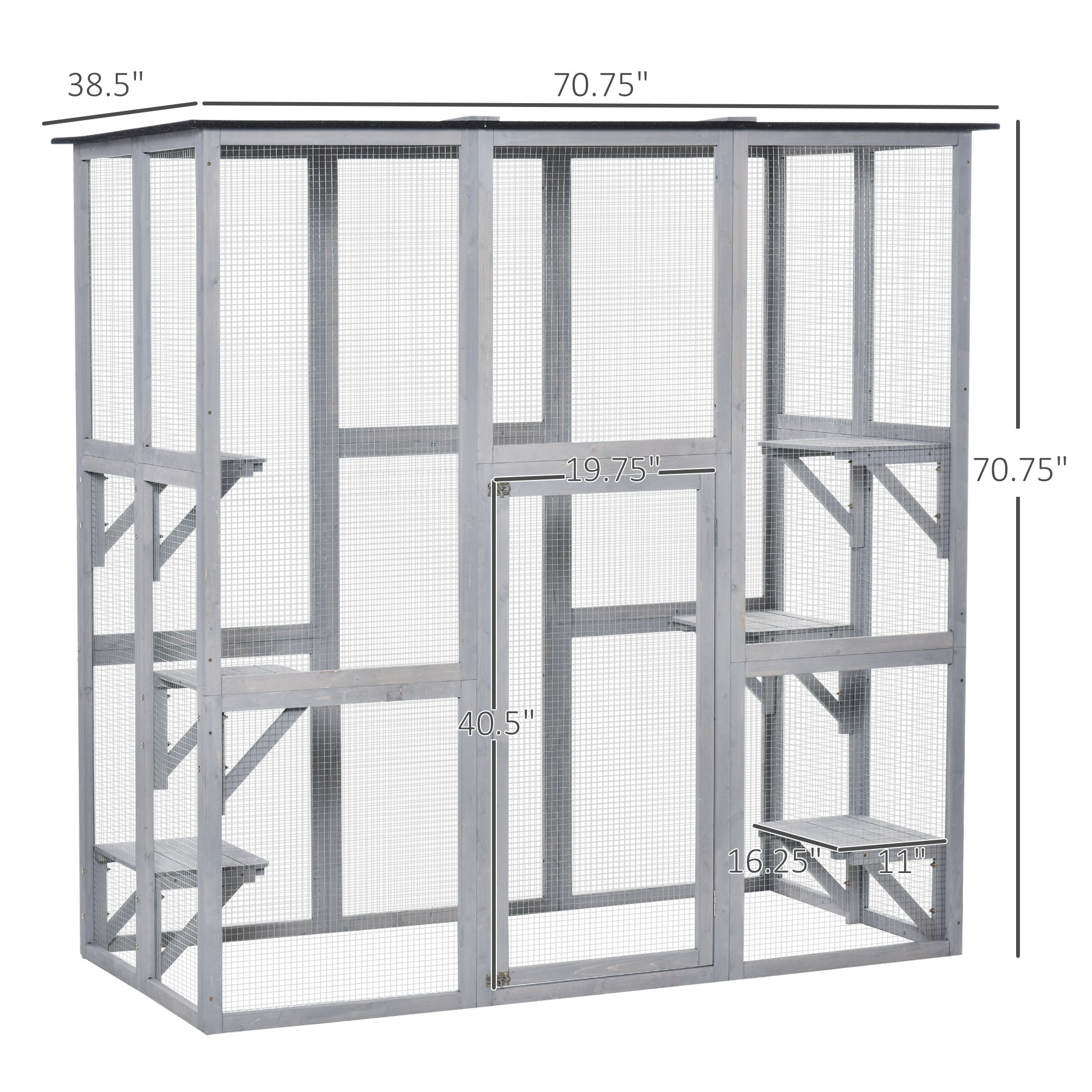 Large Outdoor Catio Enclosure, Weatherproof Cat House with Asphalt Roof,  Wooden Cat Patio Cage with 6 Balanced Platforms, 71" x 39" x 71", Grey