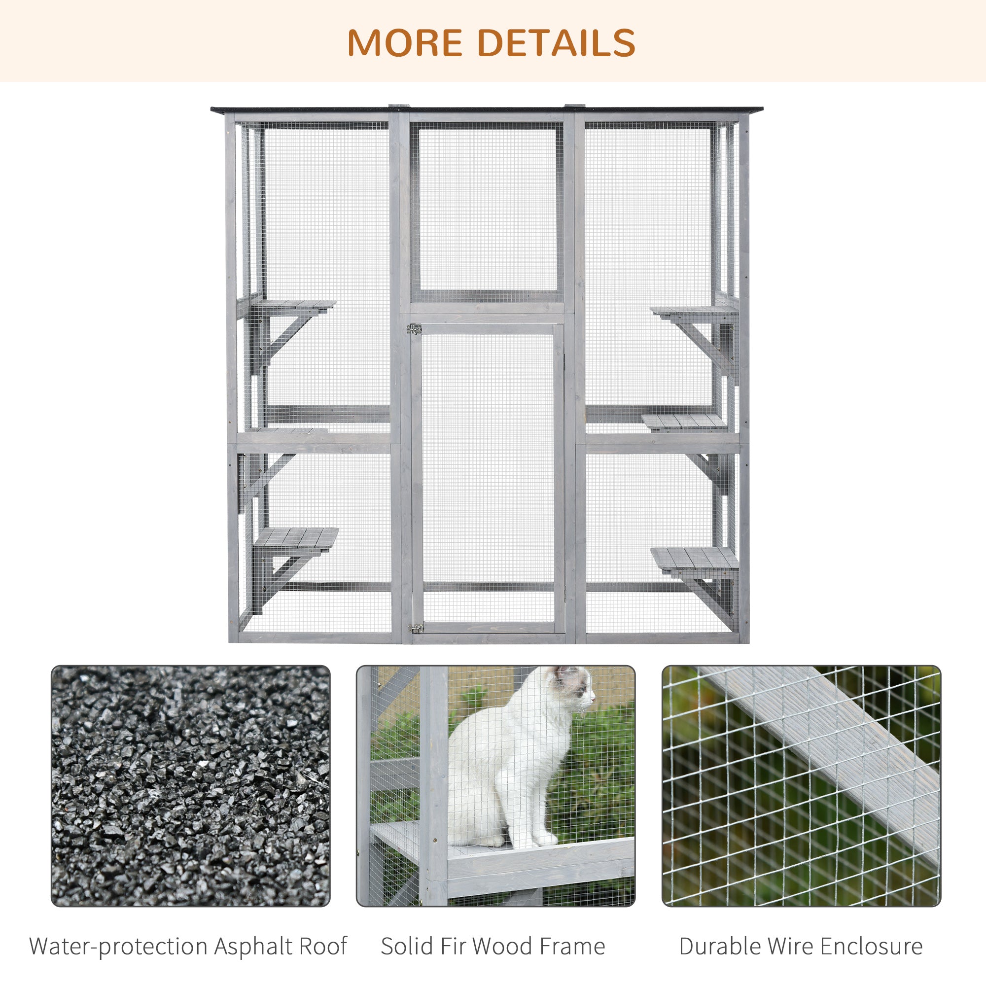 Large Outdoor Catio Enclosure, Weatherproof Cat House with Asphalt Roof,  Wooden Cat Patio Cage with 6 Balanced Platforms, 71" x 39" x 71", Grey