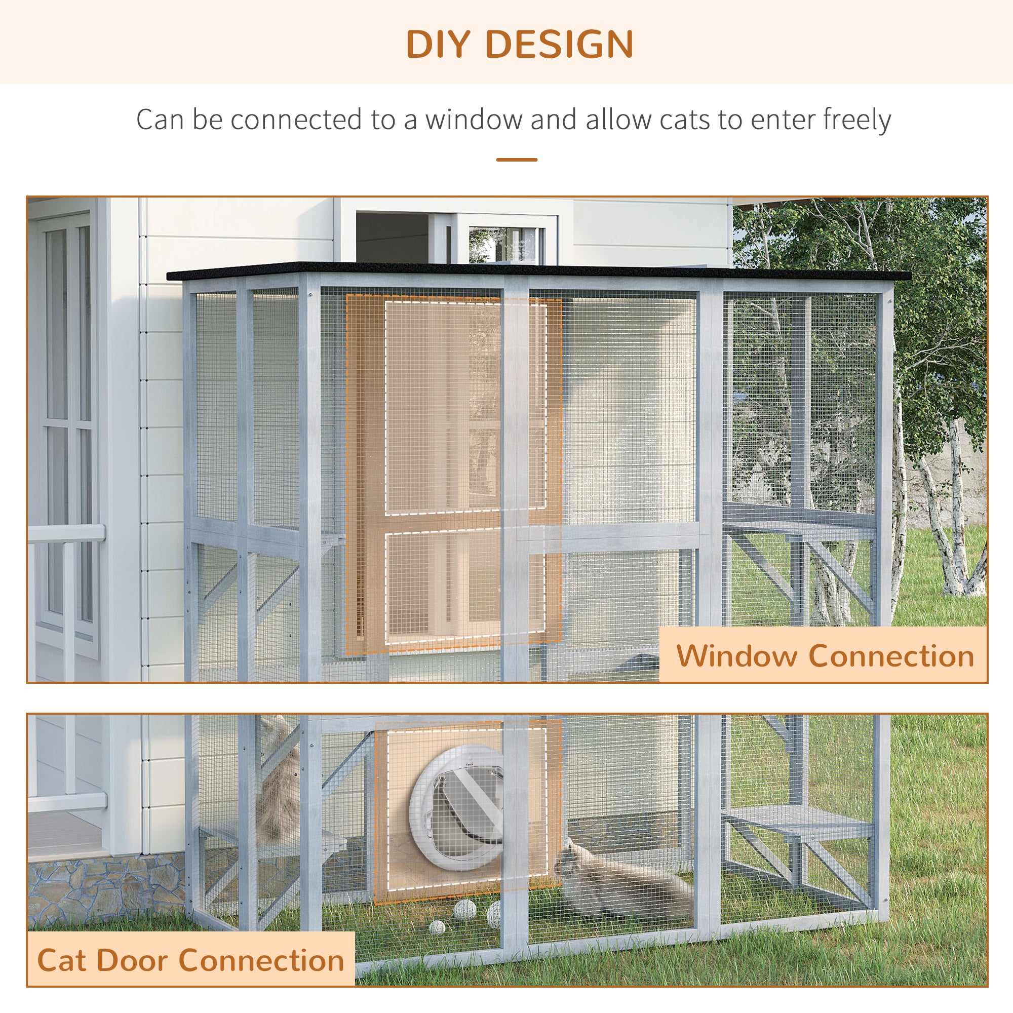 Large Outdoor Catio Enclosure, Weatherproof Cat House with Asphalt Roof,  Wooden Cat Patio Cage with 6 Balanced Platforms, 71" x 39" x 71", Grey