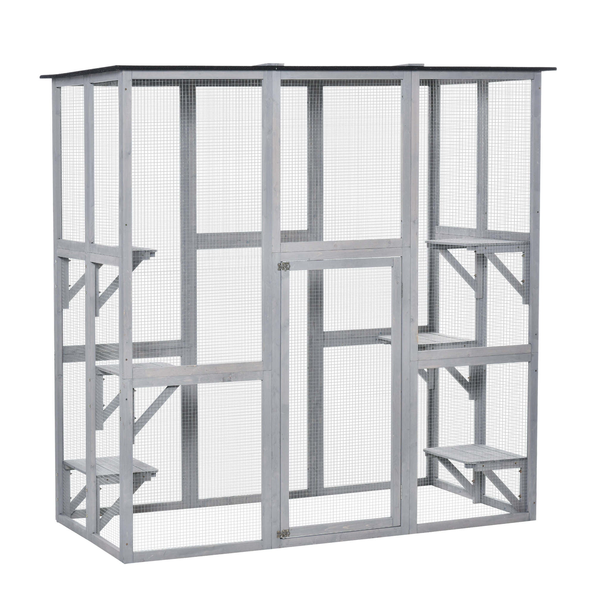Large Outdoor Catio Enclosure, Weatherproof Cat House with Asphalt Roof,  Wooden Cat Patio Cage with 6 Balanced Platforms, 71" x 39" x 71", Grey