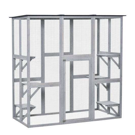 Large Outdoor Catio Enclosure, Weatherproof Cat House with Asphalt Roof,  Wooden Cat Patio Cage with 6 Balanced Platforms, 71" x 39" x 71", Grey