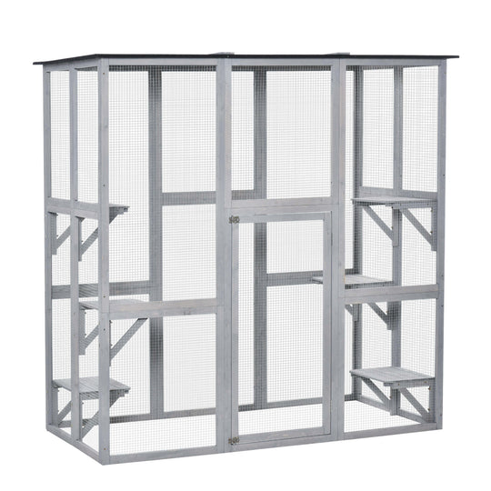 Large Outdoor Catio Enclosure, Weatherproof Cat House with Asphalt Roof,  Wooden Cat Patio Cage with 6 Balanced Platforms, 71" x 39" x 71", Grey