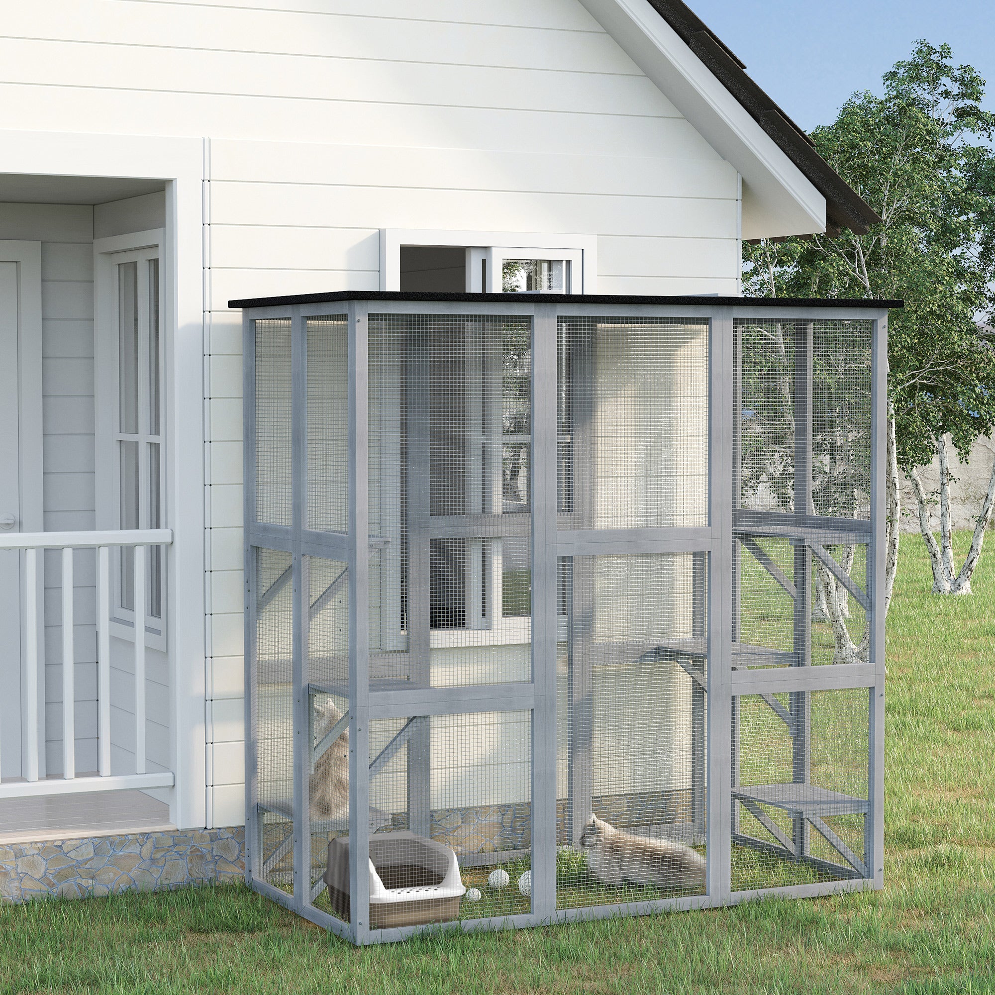 Large Outdoor Catio Enclosure, Weatherproof Cat House with Asphalt Roof,  Wooden Cat Patio Cage with 6 Balanced Platforms, 71" x 39" x 71", Grey