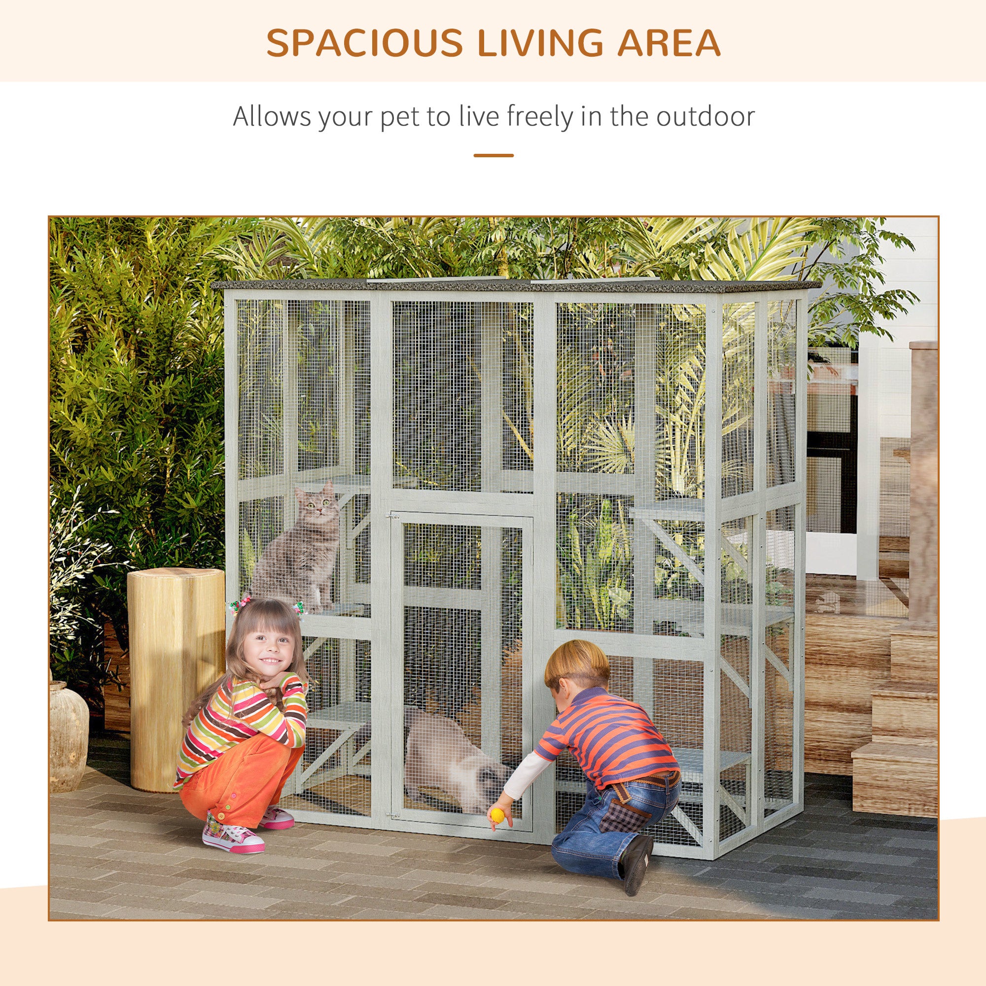 Large Outdoor Catio Enclosure, Weatherproof Cat House with Asphalt Roof,  Wooden Cat Patio Cage with 6 Balanced Platforms, 71" x 39" x 71", Grey