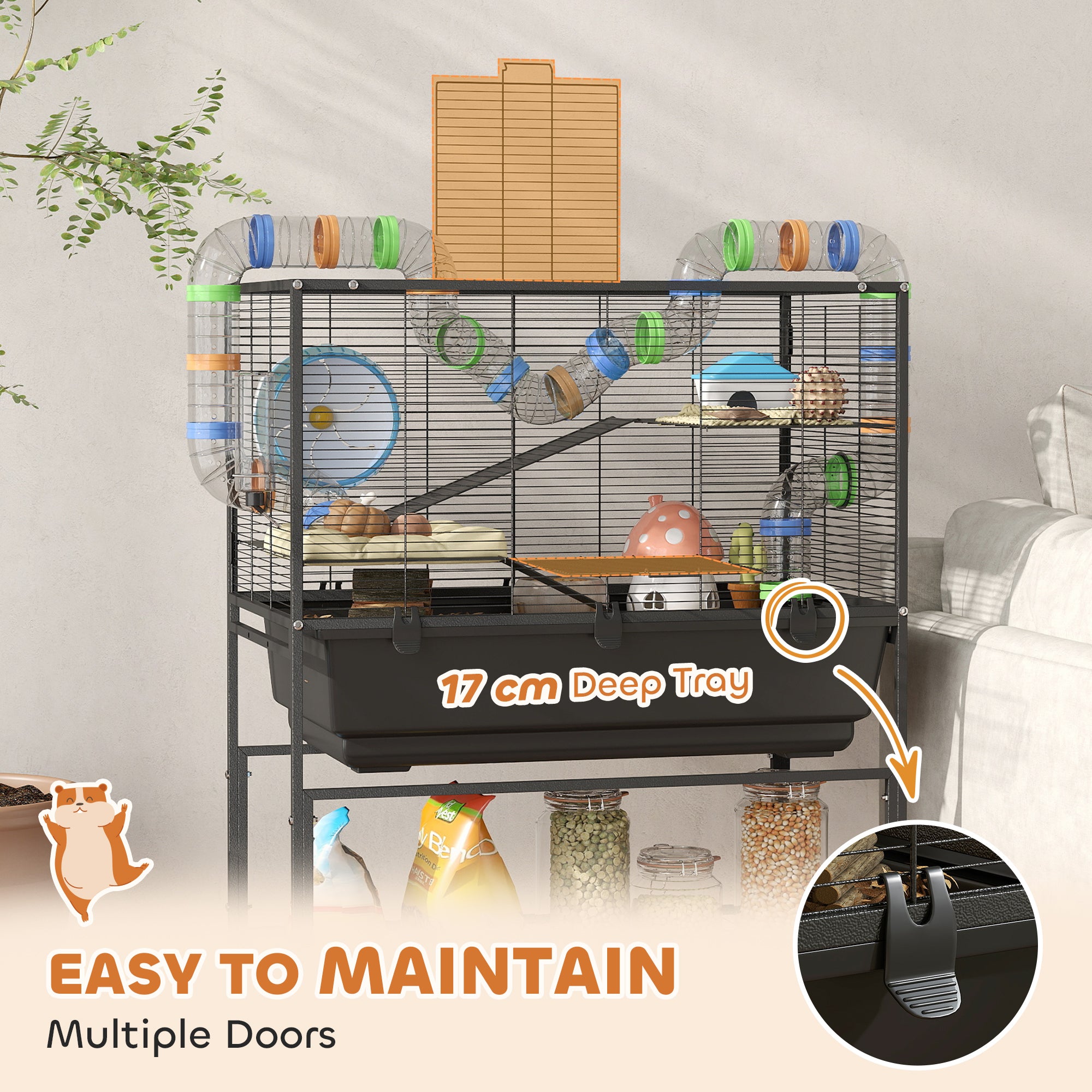 Hamster Cage, 3 Tier Large Gerbil Cage on Wheels with 17 cm Deep Tray, Storage Shelf, Big Exercise Wheel, Tube System, Hut, Platforms, Ramps, Food Dish, Water Bottle, for Syrian Hamsters, Rats