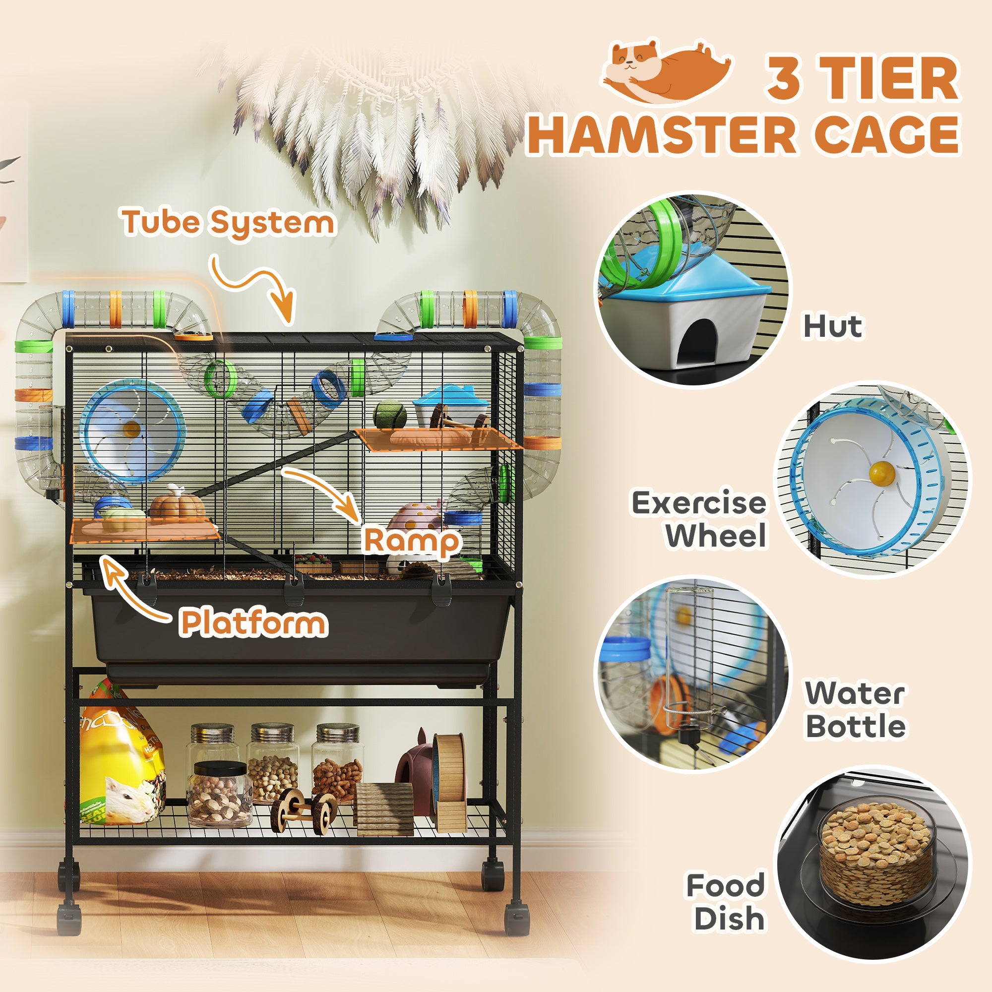 Hamster Cage, 3 Tier Large Gerbil Cage on Wheels with 17 cm Deep Tray, Storage Shelf, Big Exercise Wheel, Tube System, Hut, Platforms, Ramps, Food Dish, Water Bottle, for Syrian Hamsters, Rats