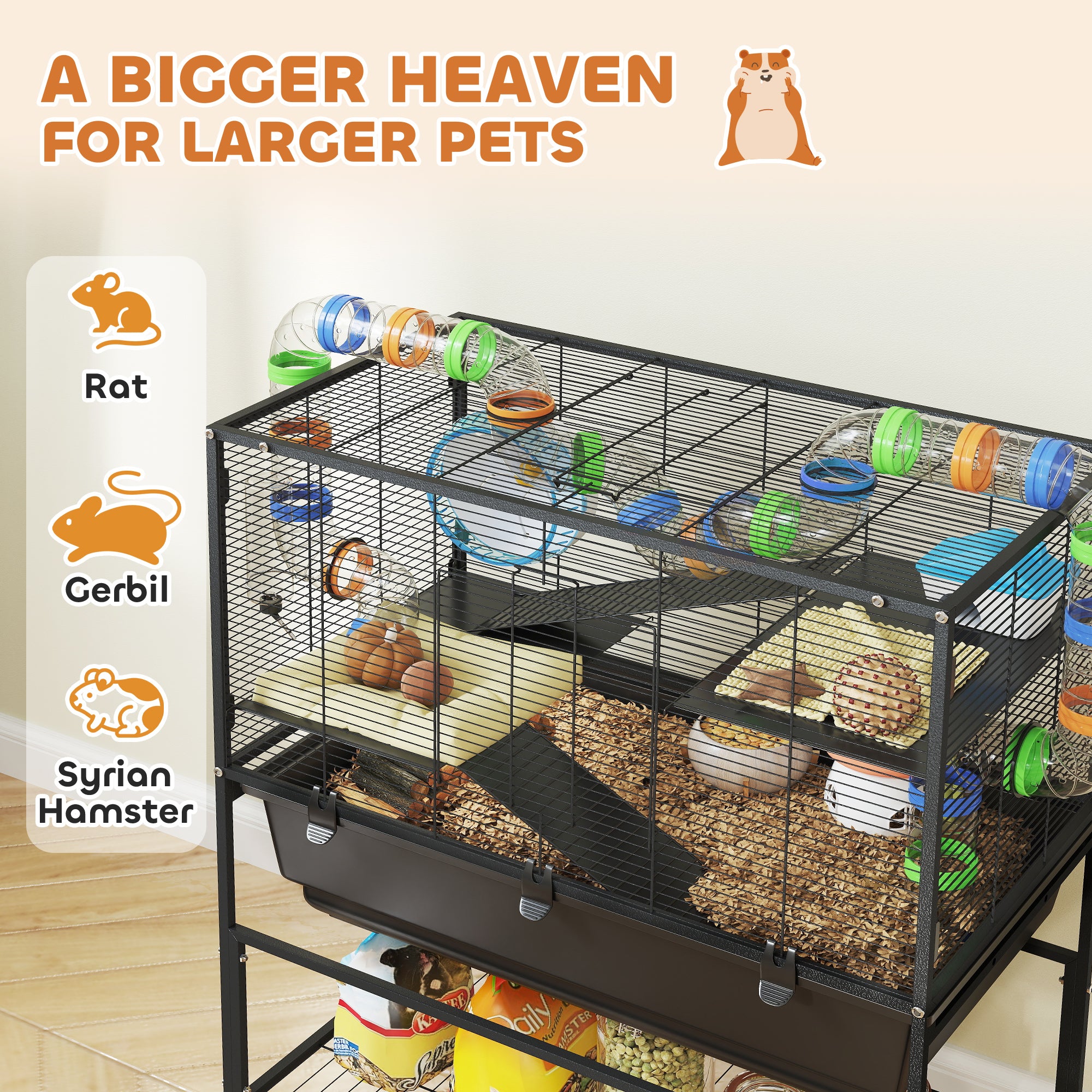 View of PawHut 3-Tier Hamster Cage with Wheels & Deep Tray for Syrian Hamsters
