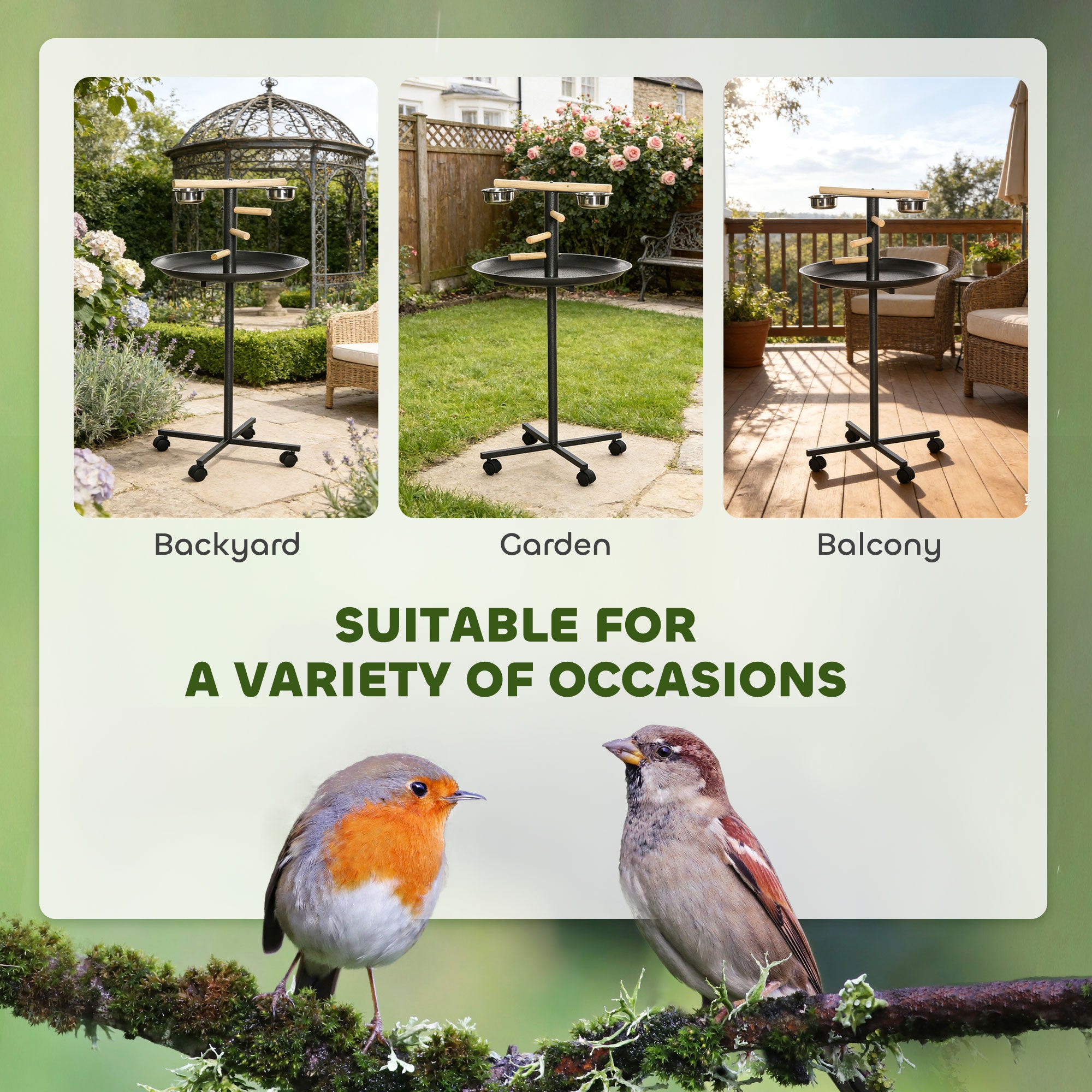Bird Play Stand, Portable Parrot Perch, Bird Feeder Station, with Four Wheels, Stainless Steel Feeding Bowls, Round Tray, Grey