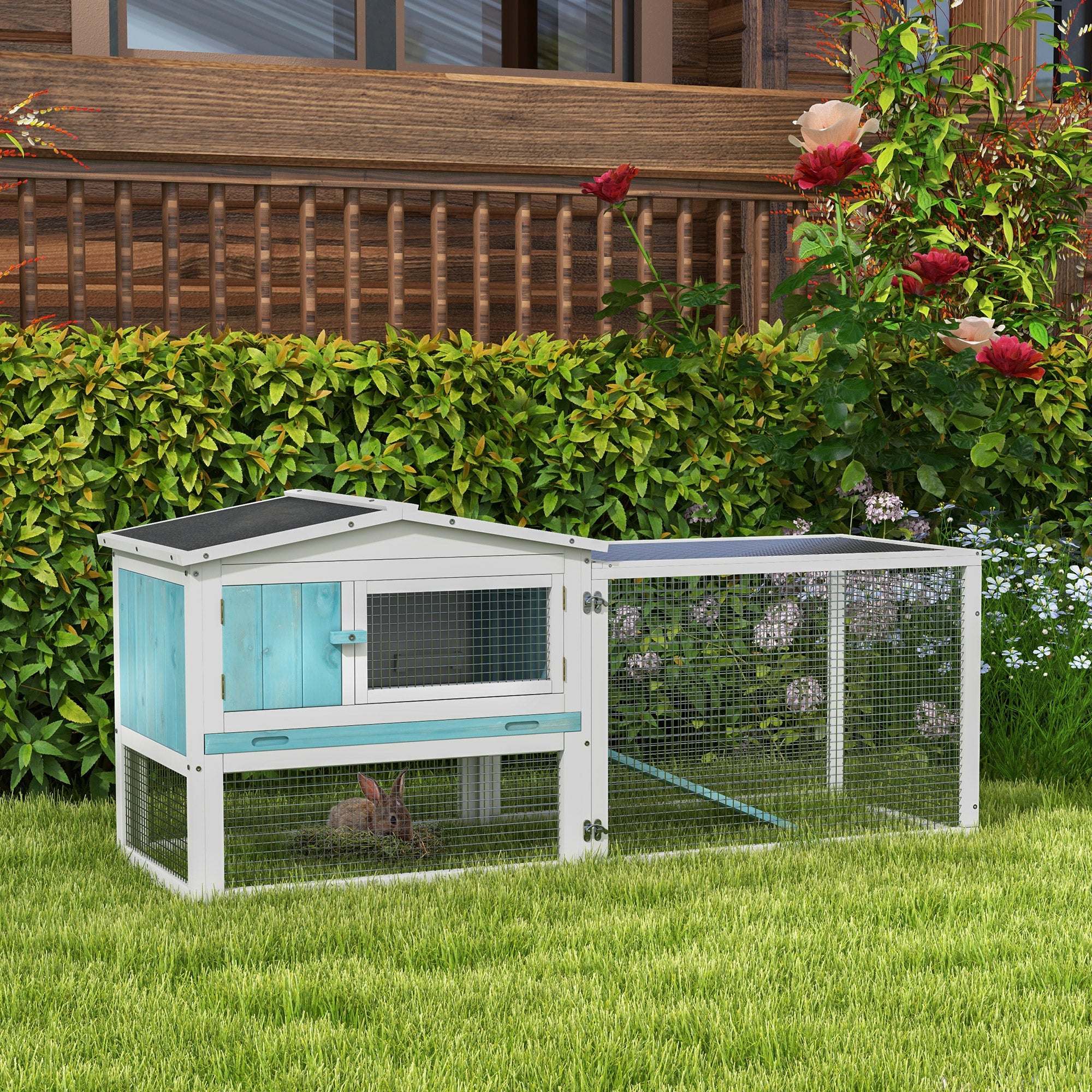 PawHut Rabbit Hutch 2-Story Bunny Cage, Guinea Pig Cage, Small Animal House with Slide Out Tray, for Indoor Outdoor, 61.5" x 23" x 27", Light Blue