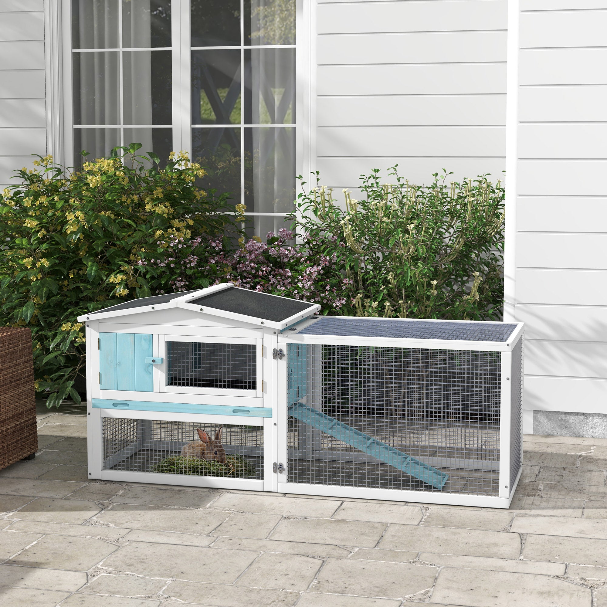 PawHut Rabbit Hutch 2-Story Bunny Cage, Guinea Pig Cage, Small Animal House with Slide Out Tray, for Indoor Outdoor, 61.5" x 23" x 27", Light Blue