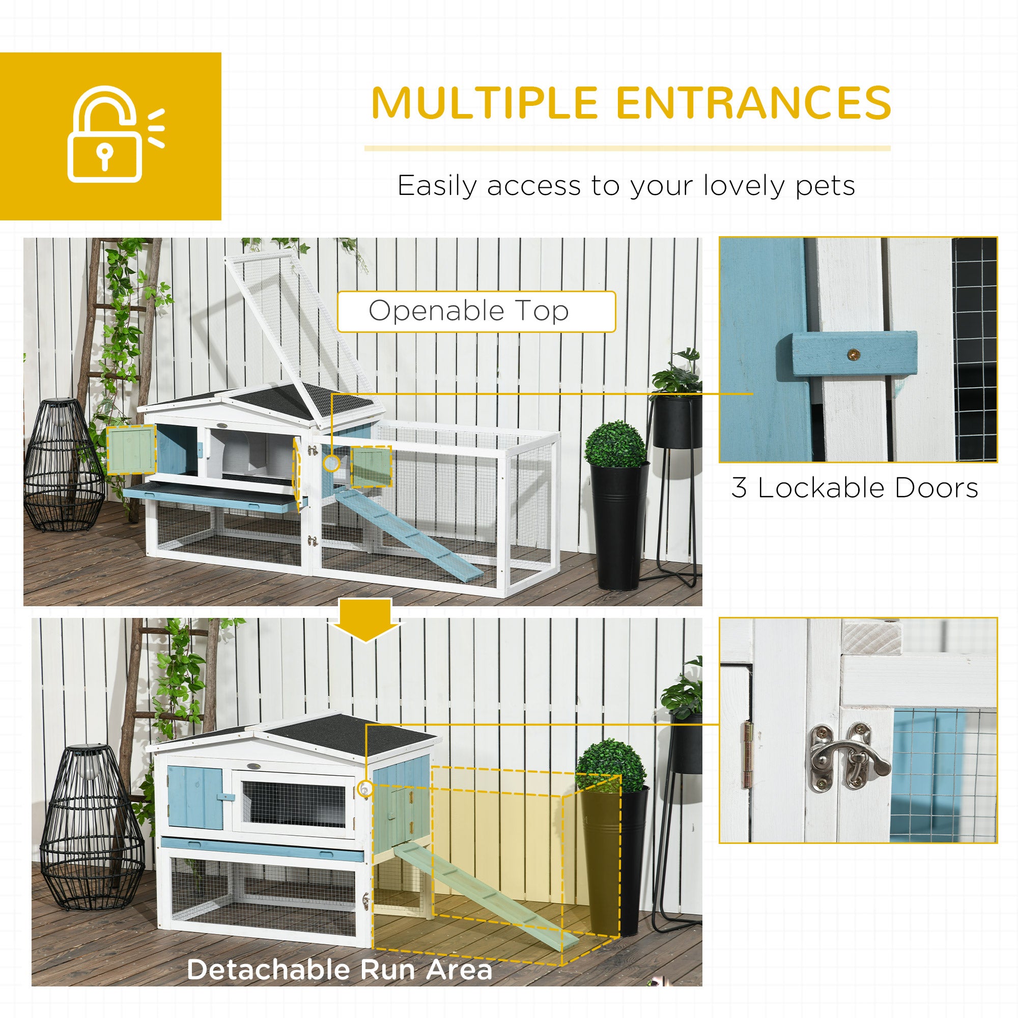 PawHut Rabbit Hutch 2-Story Bunny Cage, Guinea Pig Cage, Small Animal House with Slide Out Tray, for Indoor Outdoor, 61.5" x 23" x 27", Light Blue