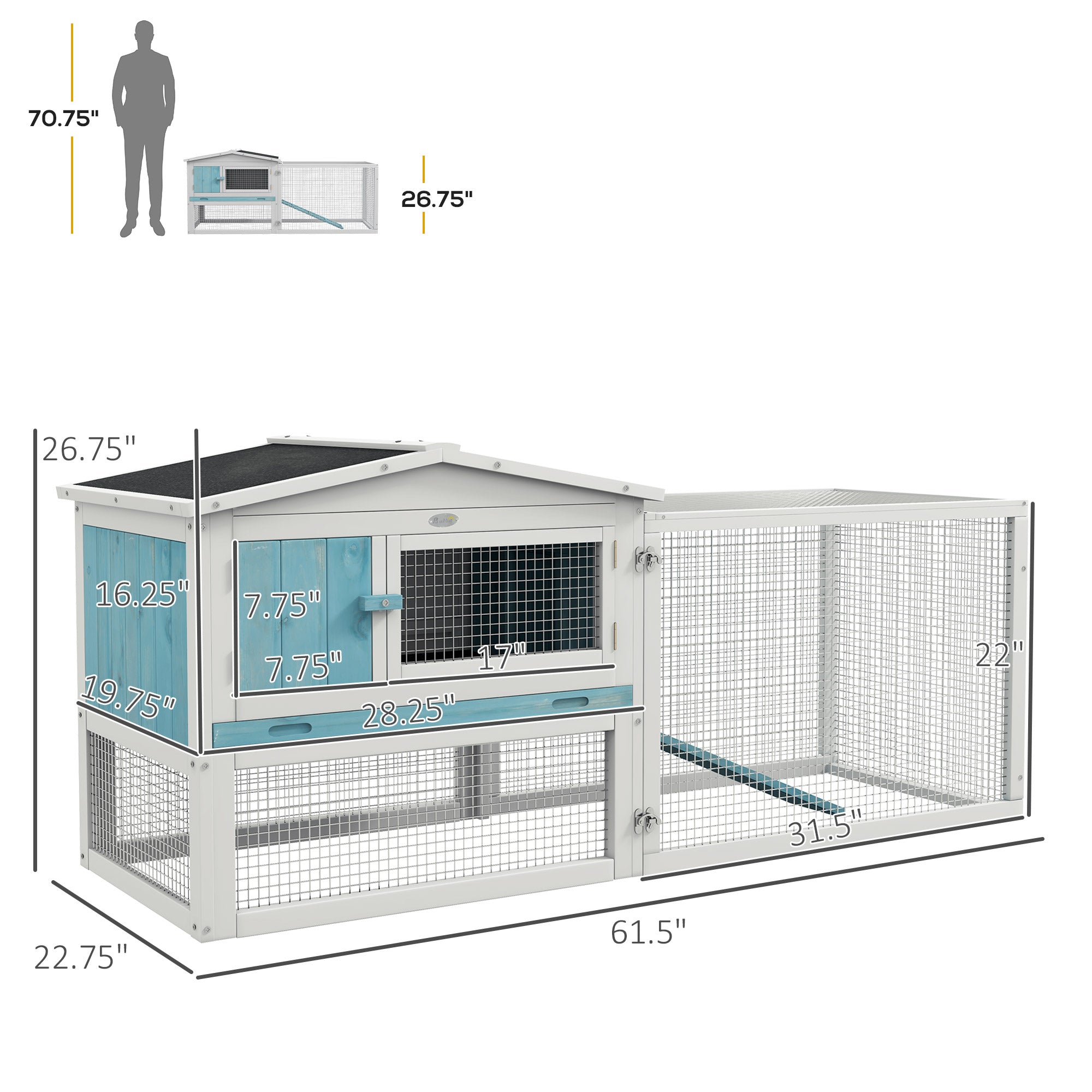 PawHut Rabbit Hutch 2-Story Bunny Cage, Guinea Pig Cage, Small Animal House with Slide Out Tray, for Indoor Outdoor, 61.5" x 23" x 27", Light Blue