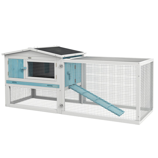 61'' L 2-Story Rabbit Hutch Bunny Cage Small Animal House with Pull Out Tray, Detachable Run, Ramp, for Indoor Outdoor, Light Blue
