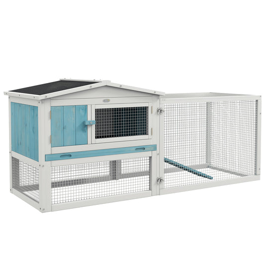 PawHut Rabbit Hutch 2-Story Bunny Cage, Guinea Pig Cage, Small Animal House with Slide Out Tray, for Indoor Outdoor, 61.5" x 23" x 27", Light Blue