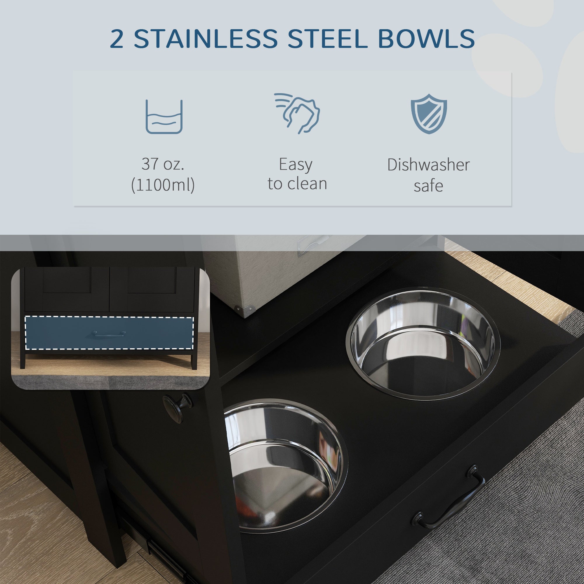 Pet Feeding Station with Storage, Dog Feeding Station with Raised Dog Bowls, Adjustable Panel, Hooks, Pet Food Storage Cabinet, Black