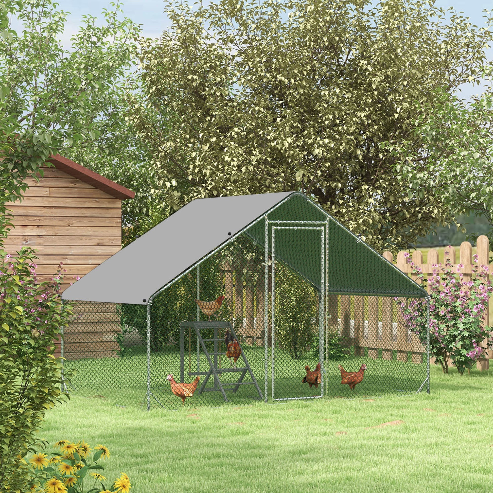 Chicken Run Galvanised Walk-in Chicken Coop Hen Poultry House Cage Rabbit Hutch Pet Playpen Garden w/ Water-Resist Cover, 3 x 2 x 2m