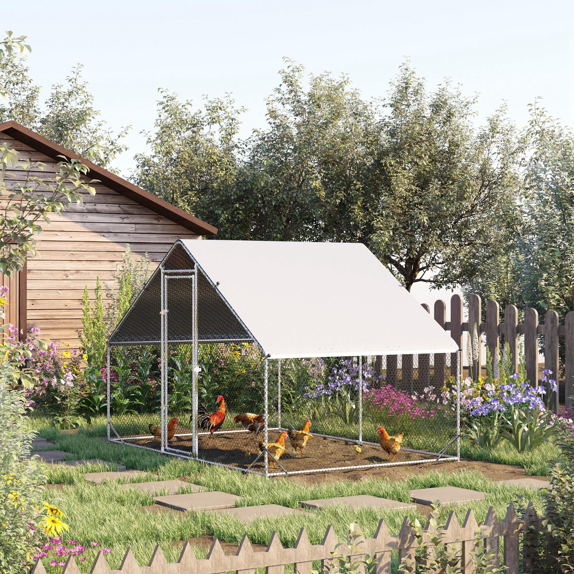 Metal Chicken Coop, Walk-in Large Chicken Run, Poultry Cage for Backyard Hen, Duck, Rabbit with Water- and UV-Protection Cover, for 4-6 Chickens, 9.8' x 6.6' x 6.6'