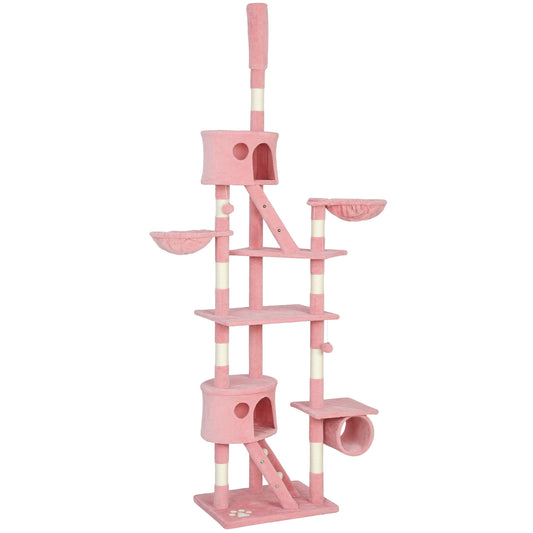 Cat Tower for Large Cats Adult, Floor to Ceiling Cat Tree Adjustable Height 94"-102" Multi-Level with Scratching Posts, Cozy Hammock, Pompoms, Pink