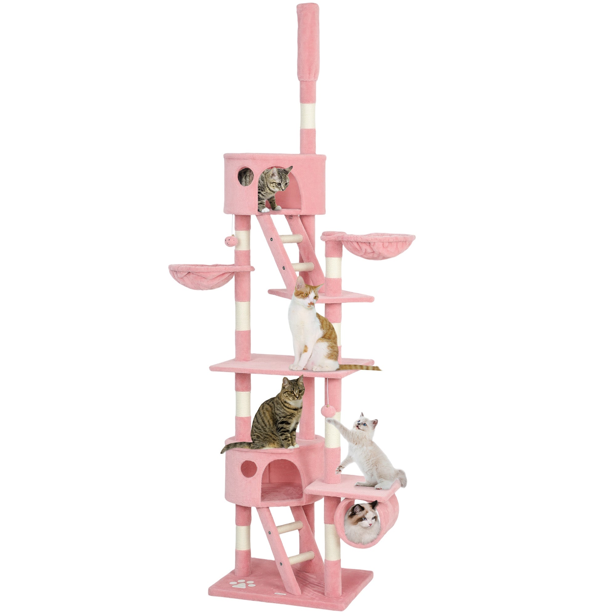 Cat Tower for Large Cats Adult, Floor to Ceiling Cat Tree Adjustable Height 94"-102" Multi-Level with Scratching Posts, Cozy Hammock, Pompoms, Pink