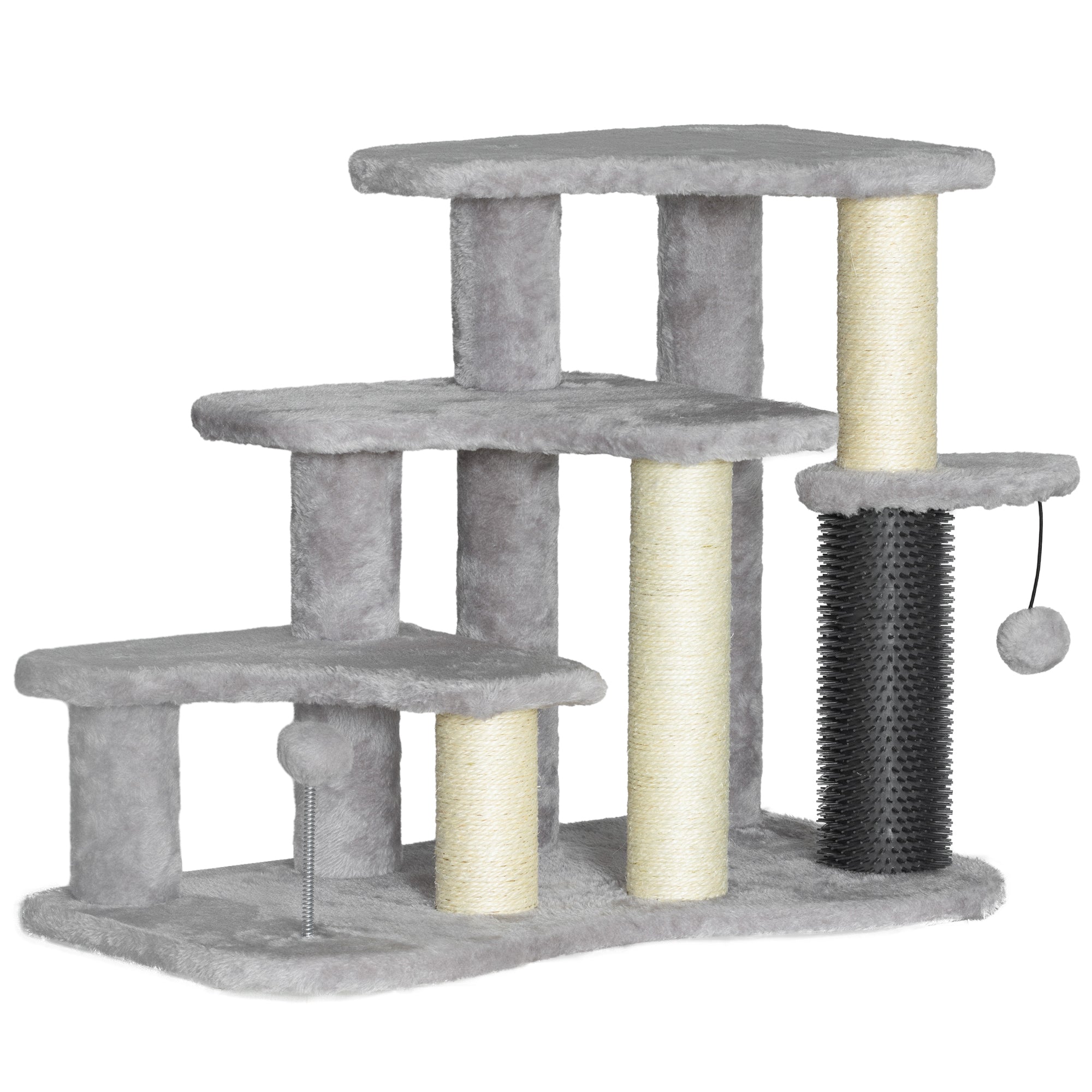 20" Pet Stairs for Cats, 2 in 1 Cat Tree Tower 3-Step Cat Steps with Scratching Posts, Tickling Post, Toy Balls, for High Beds, Couch, Sofa, Light Gray