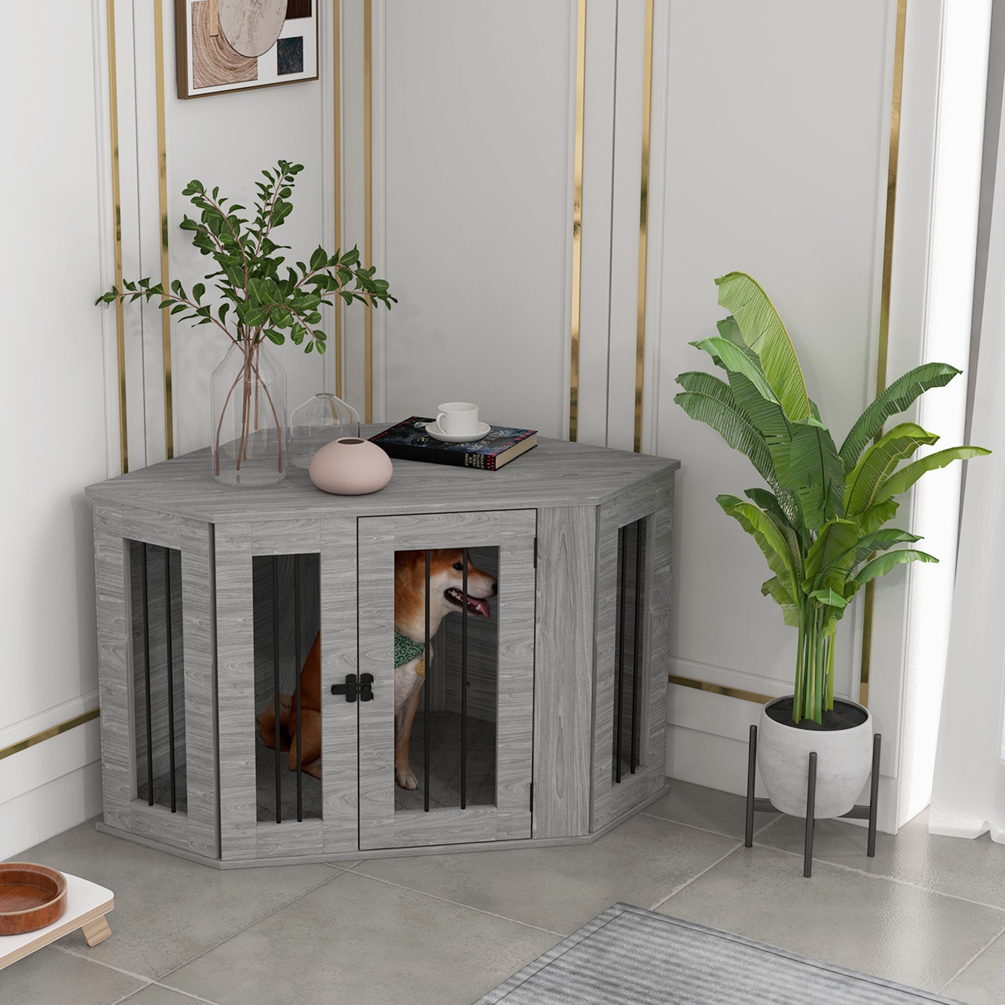 2 in 1 Dog Crate Furniture, Side Table Dog Kennel with Cushion, Large Door, for Medium Dogs - Grey
